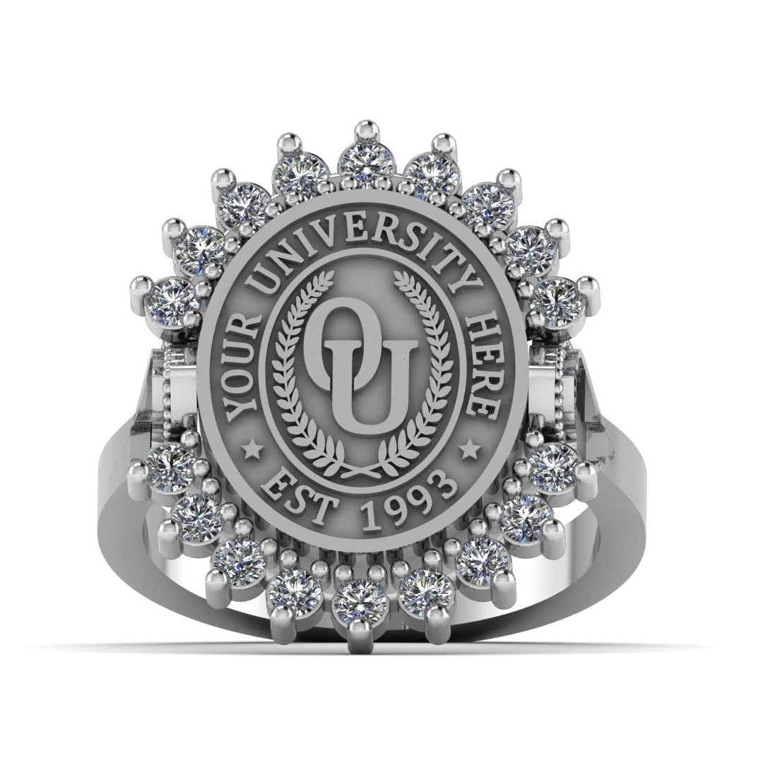 Silver ring with a university crest and 'Your University Here' text on a white background