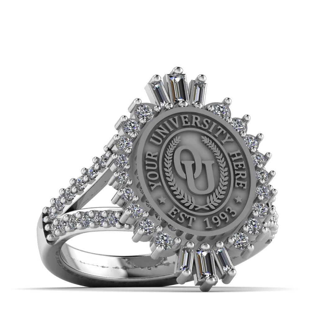 Silver ring with university emblem and text on a white background
