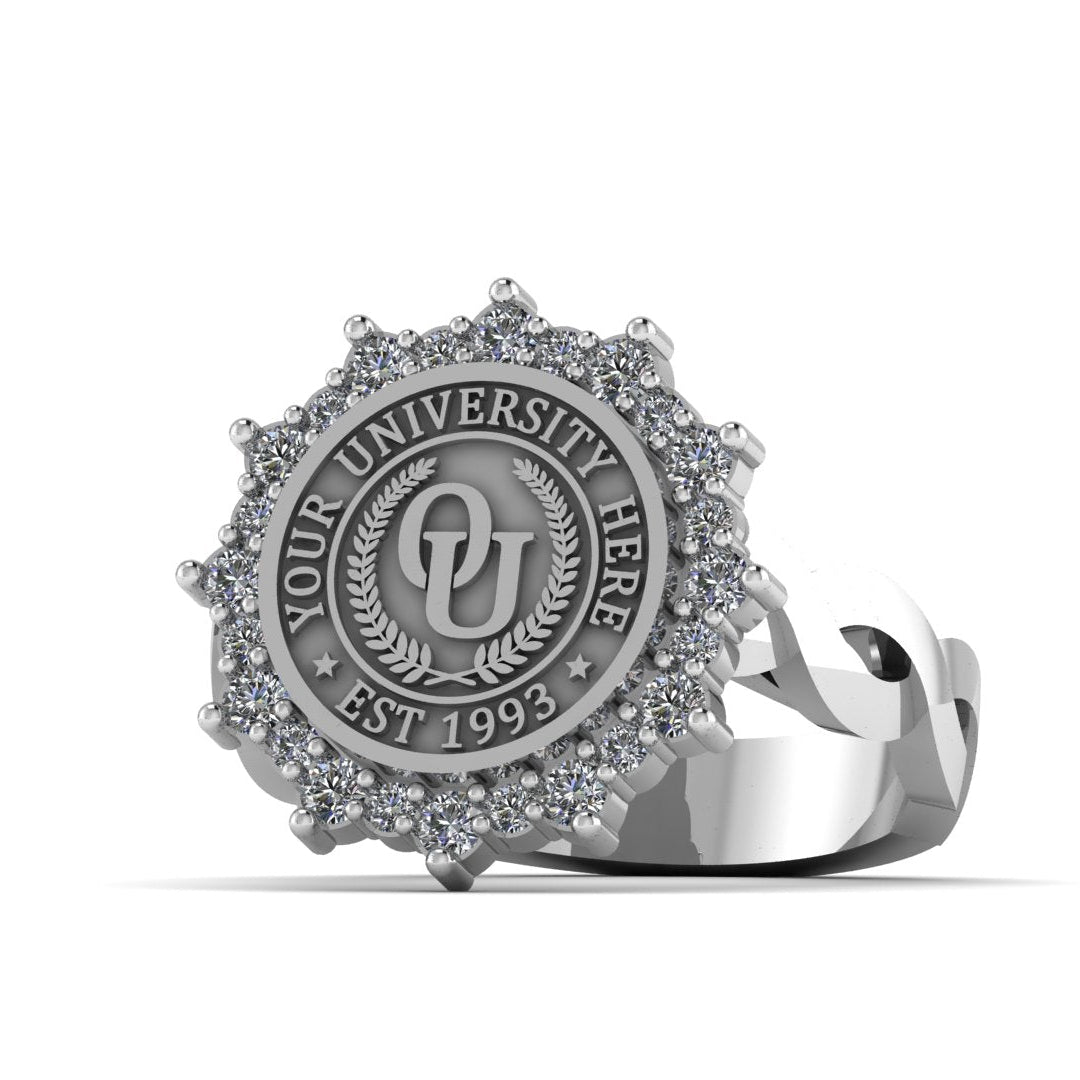 Silver ring with a university crest design on a white background