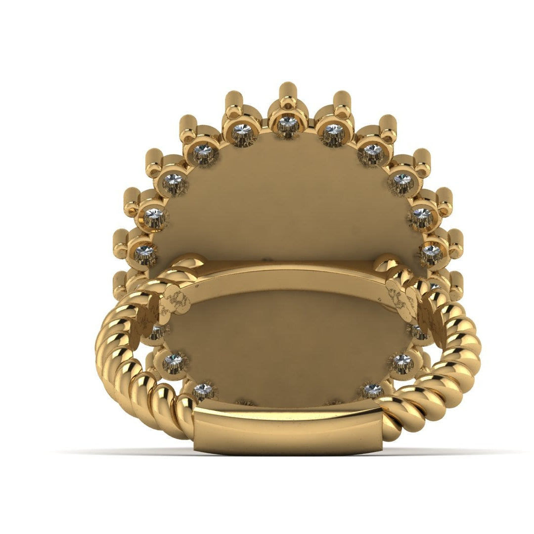 Gold ring with diamond accents on a white background