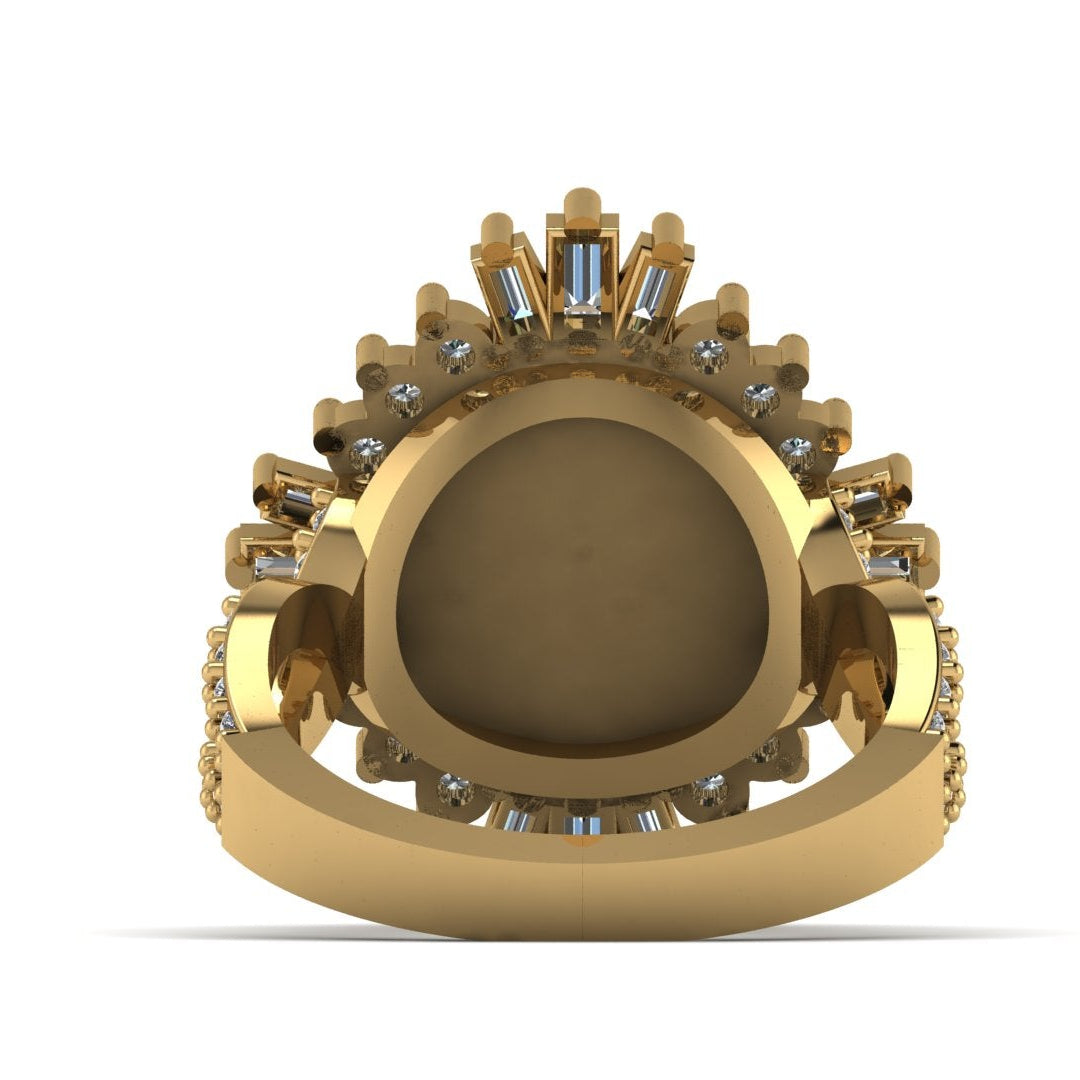 Gold ring with diamond accents on a white background