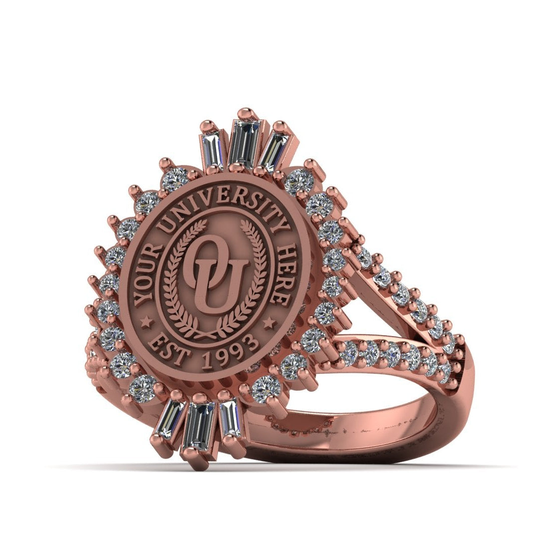 Rose gold ring with a prominent emblem and gemstones on a white background