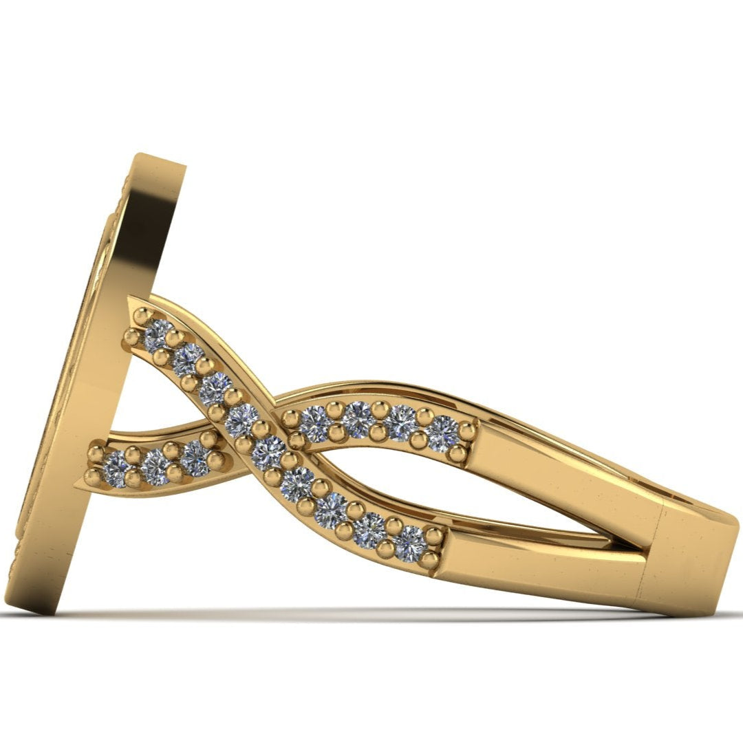 Gold ring with blue gemstones on a white background