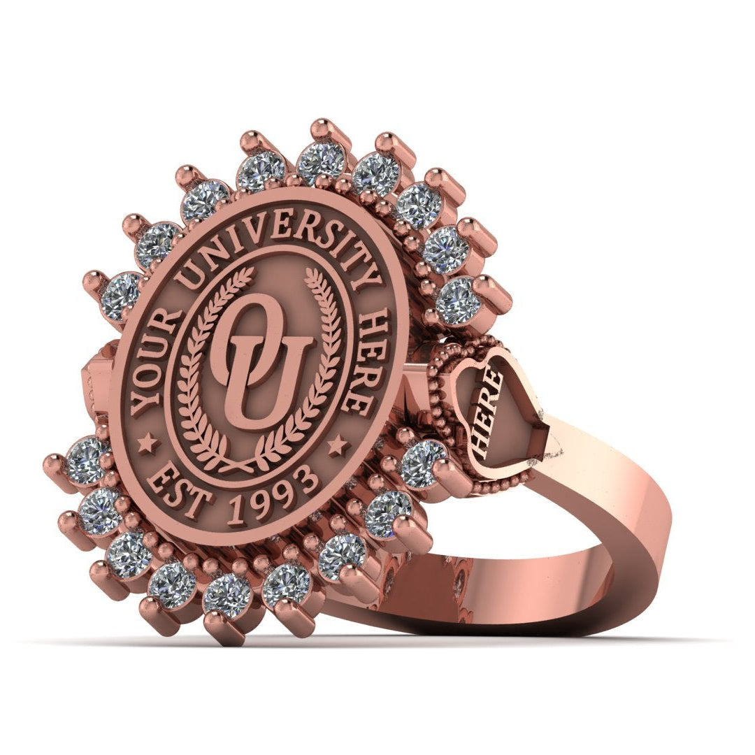 Rose gold ring with 'Your University Here' engraving on a white background