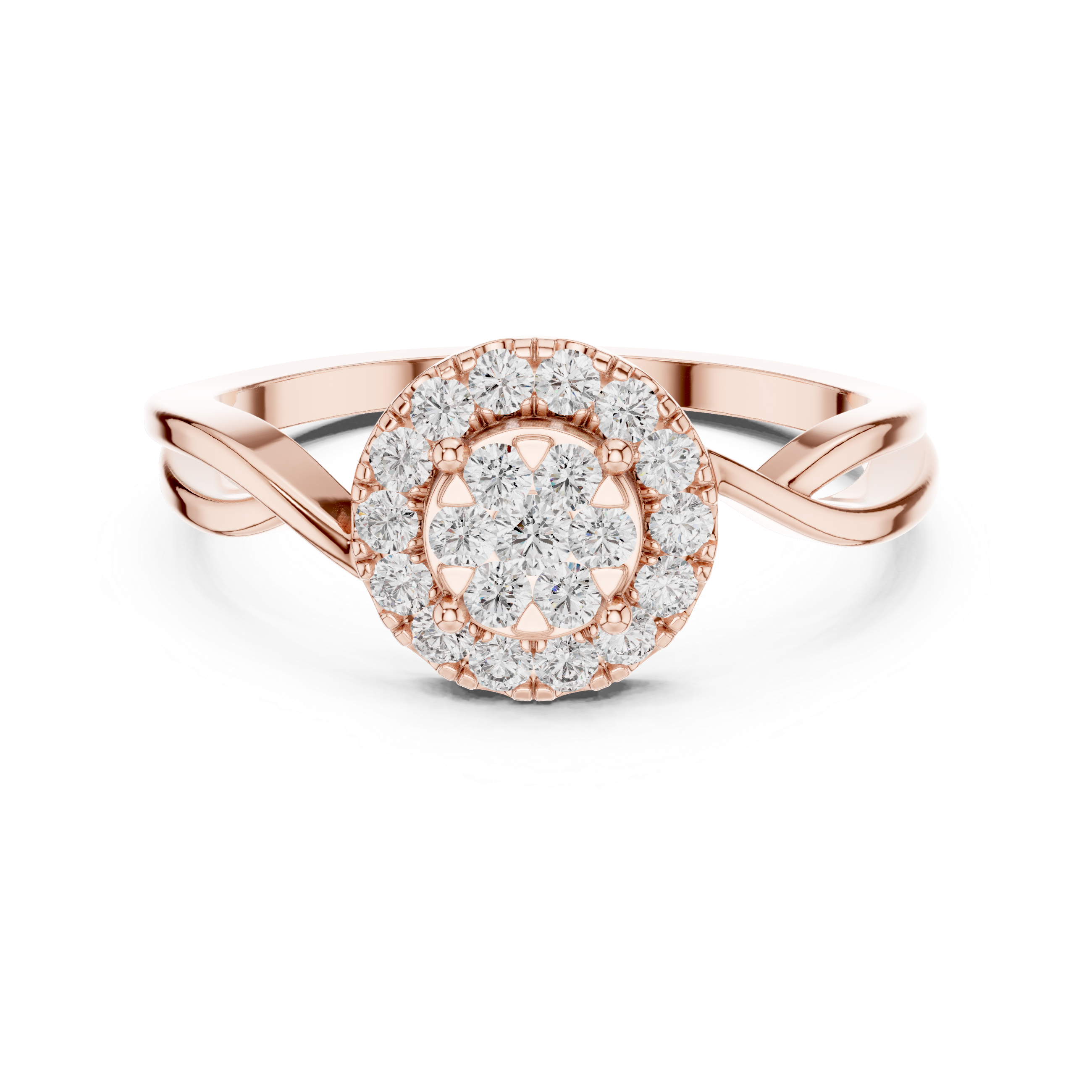 Round Halo Diamond Ring with Twisted Band Detail
