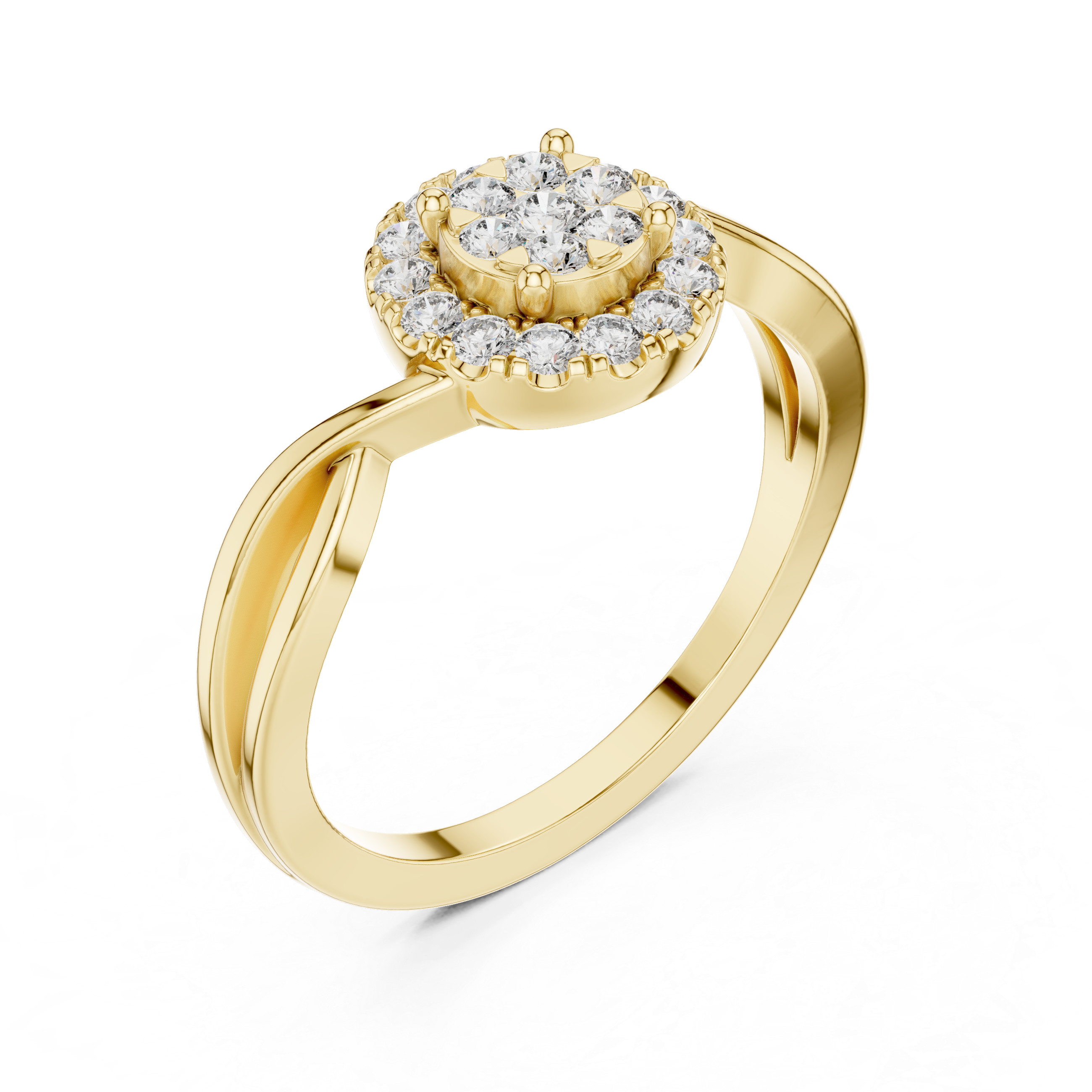 Round Halo Diamond Ring with Twisted Band Detail