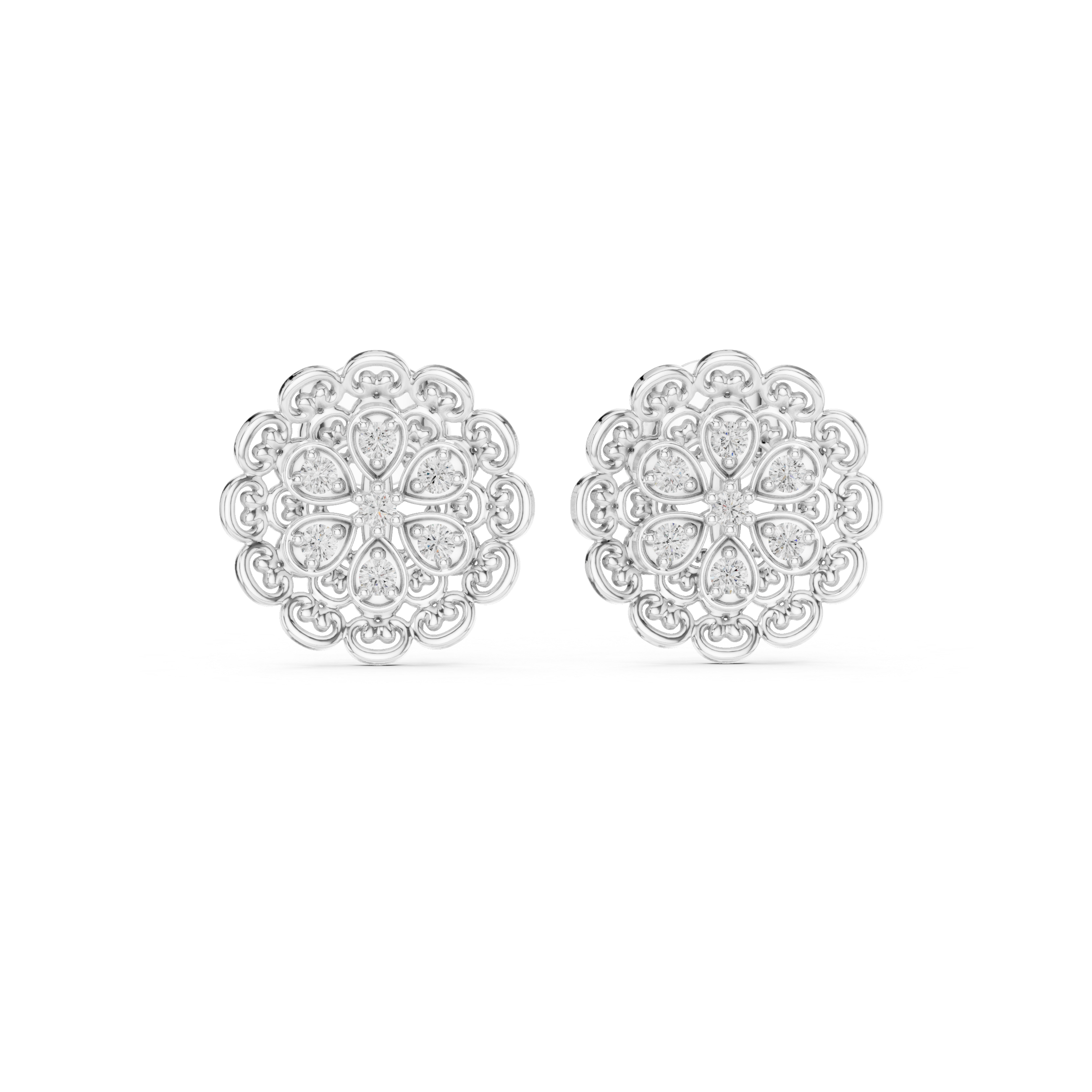Vintage Lace Floral Diamond Stud Earrings – Intricate Filigree Bloom Design