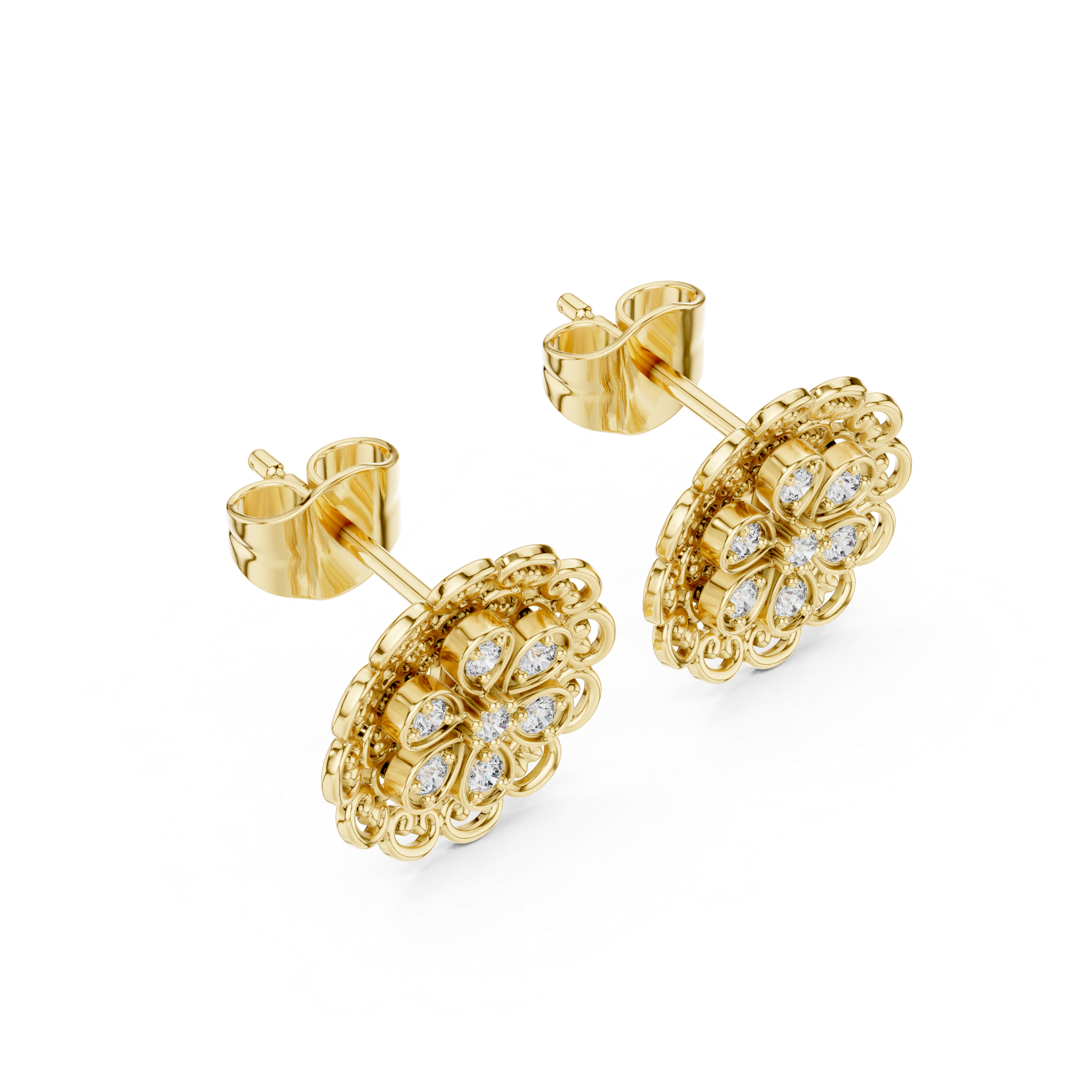 Vintage Lace Floral Diamond Stud Earrings – Intricate Filigree Bloom Design