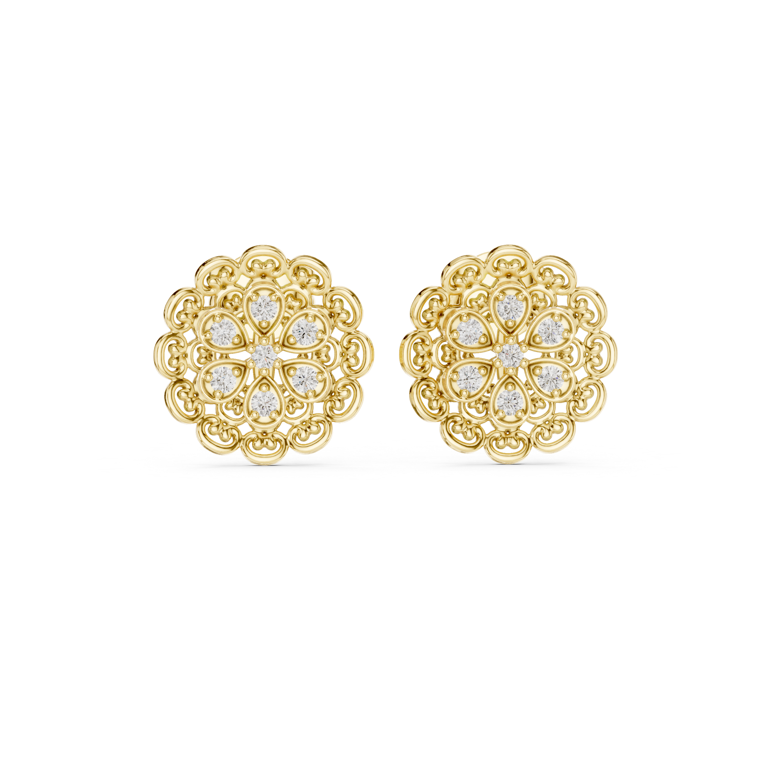 Vintage Lace Floral Diamond Stud Earrings – Intricate Filigree Bloom Design