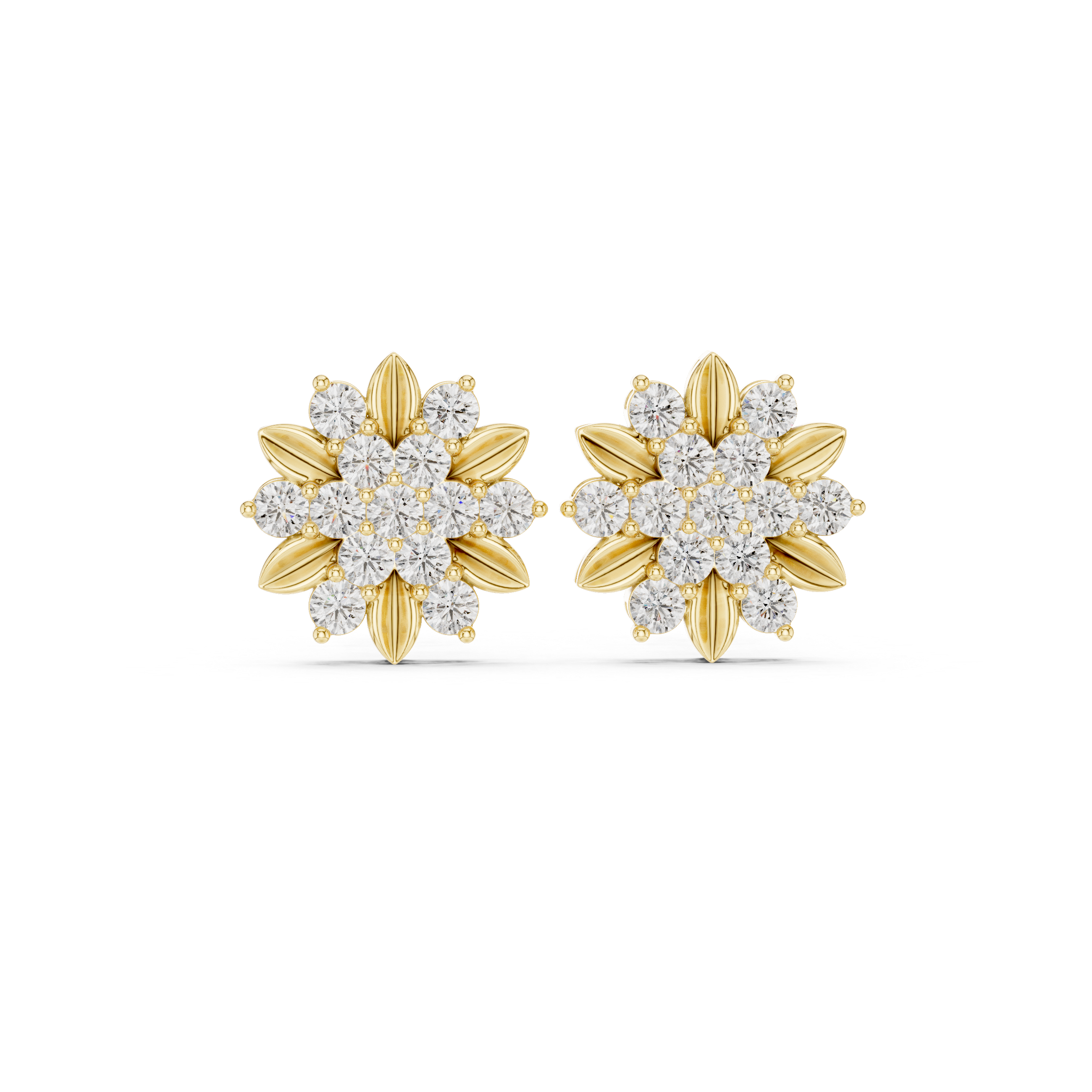 Floral Diamond Cluster Stud Earrings with Gold Petal Accents