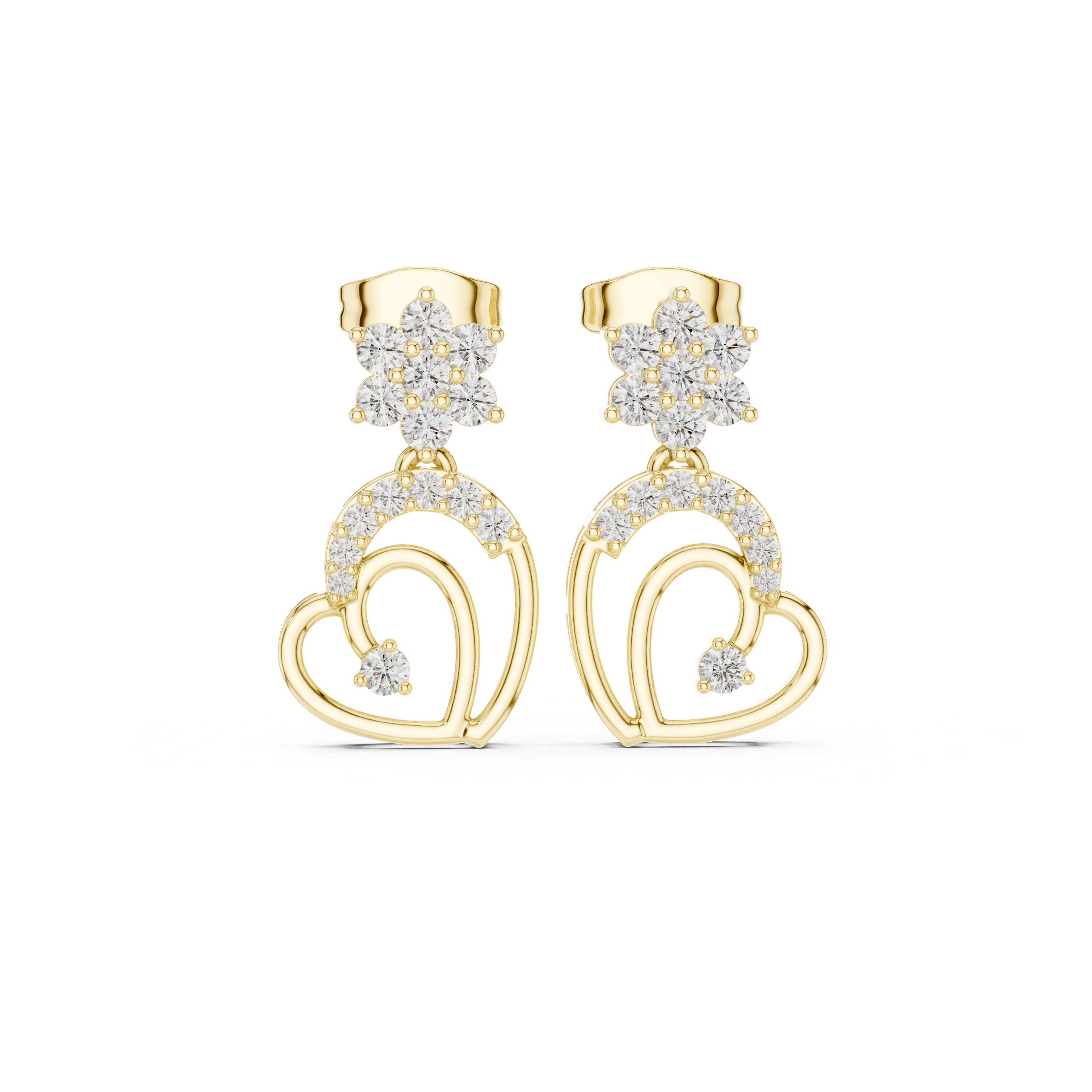 Diamond Floral & Heart Drop Earrings in Gold