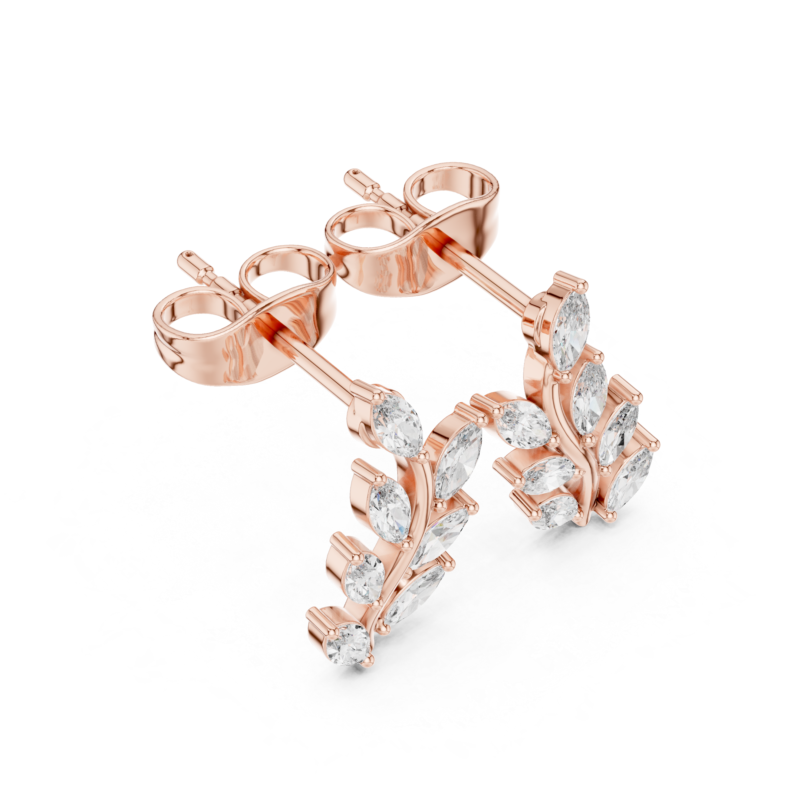 Marquise Diamond Leaf Branch Stud Earrings in Gold