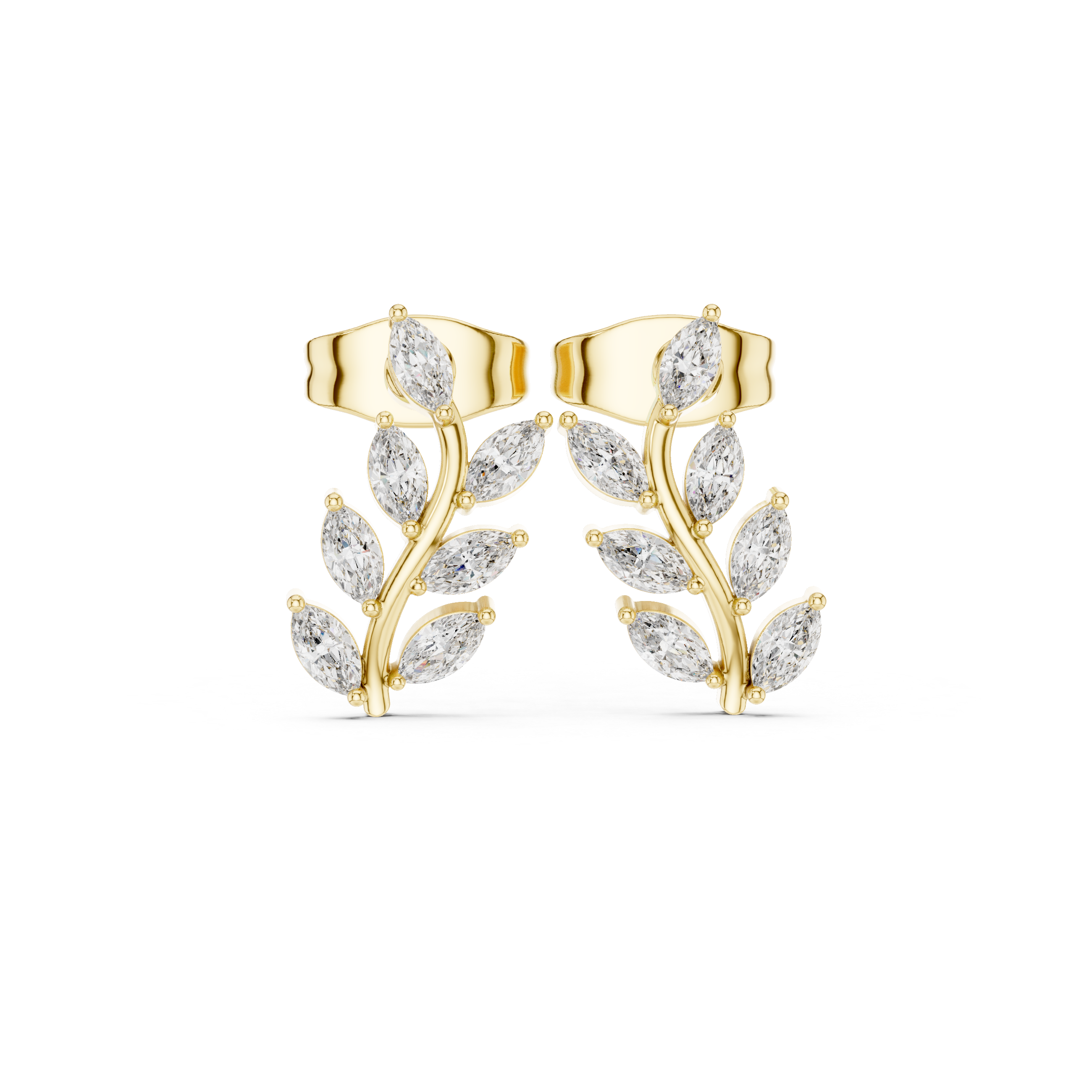Marquise Diamond Leaf Branch Stud Earrings in Gold