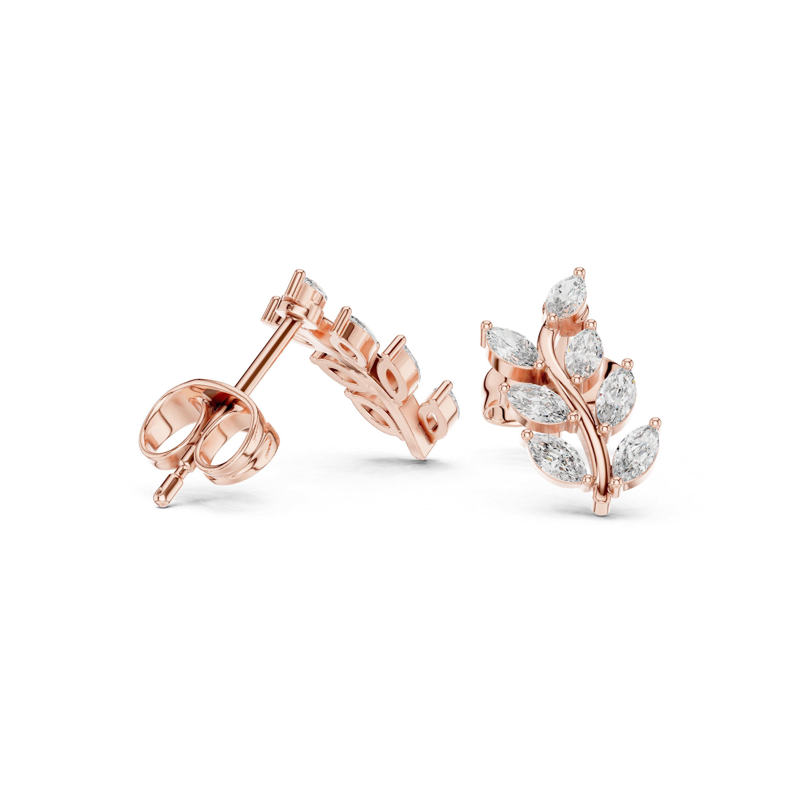 Marquise Diamond Leaf Branch Stud Earrings in Gold