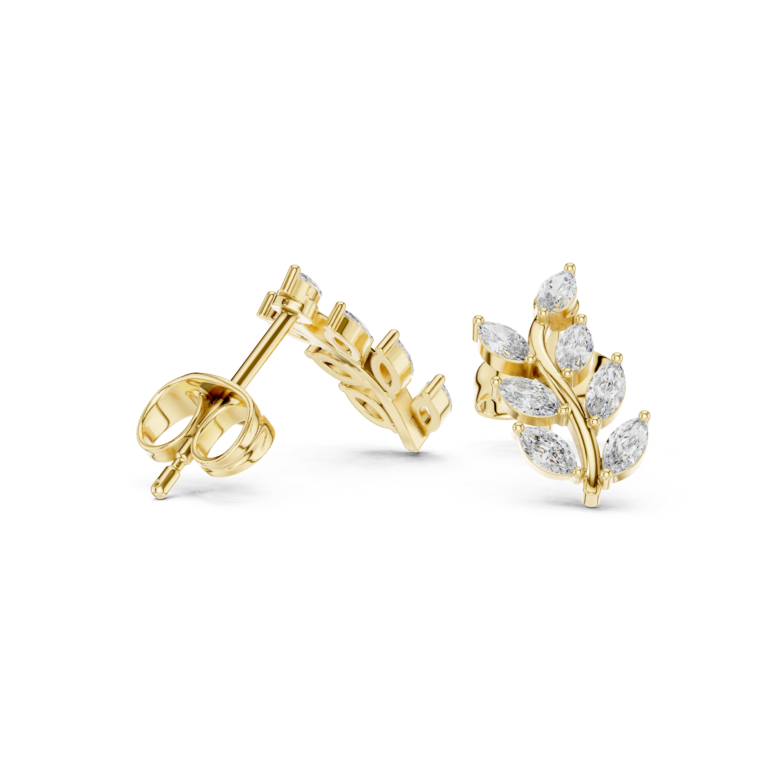 Marquise Diamond Leaf Branch Stud Earrings in Gold