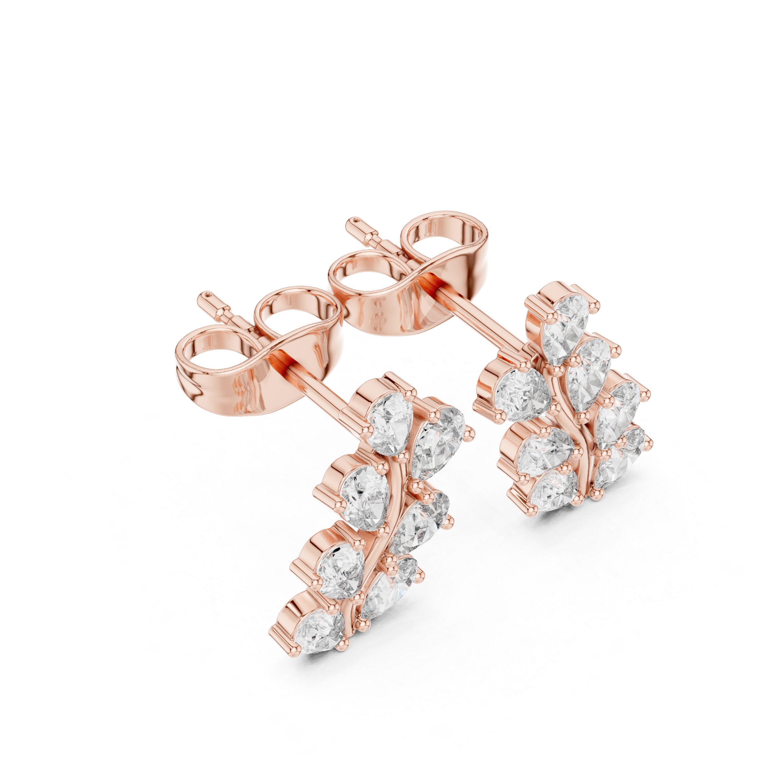 Pear Diamond Leaf Branch Stud Earrings in Gold
