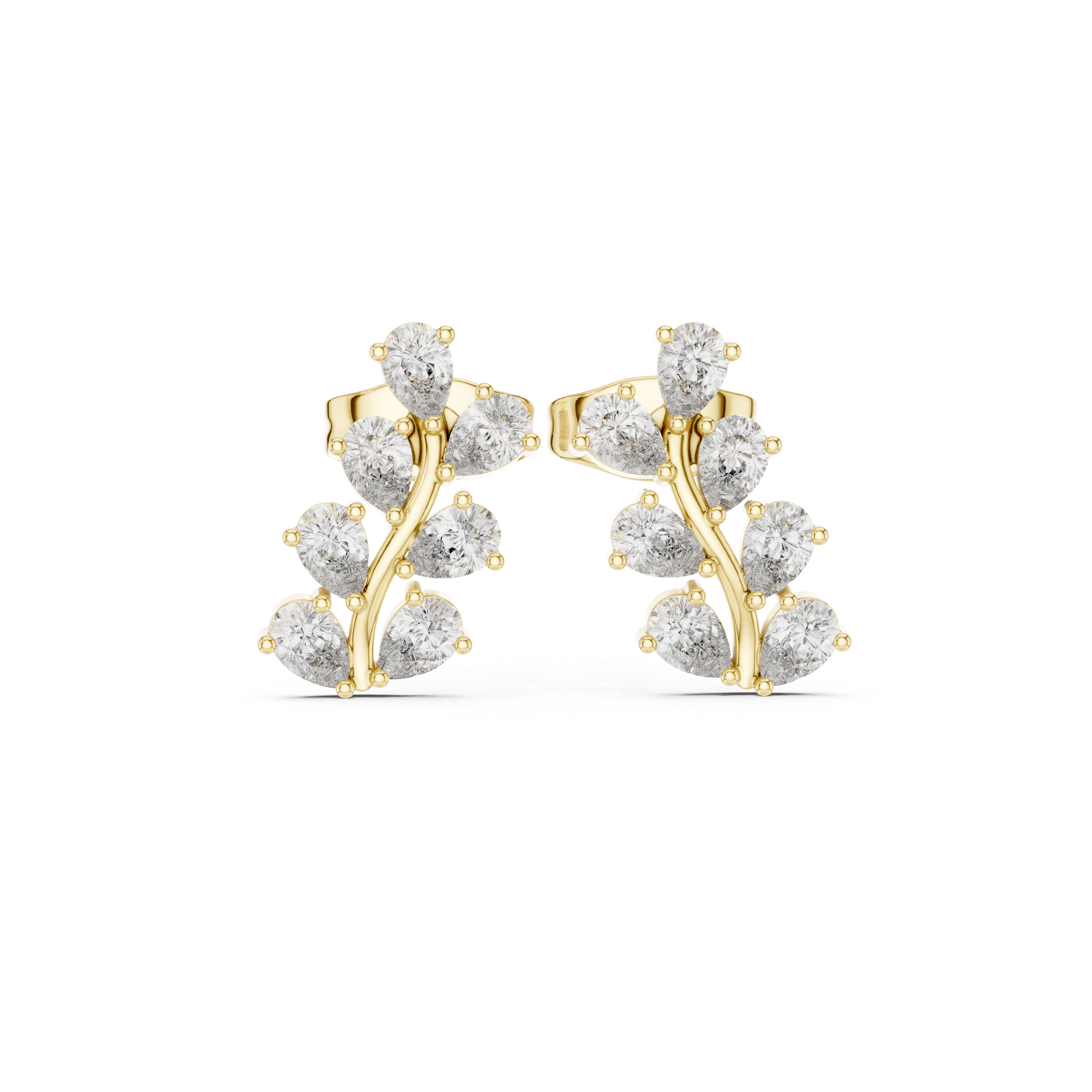 Pear Diamond Leaf Branch Stud Earrings in Gold