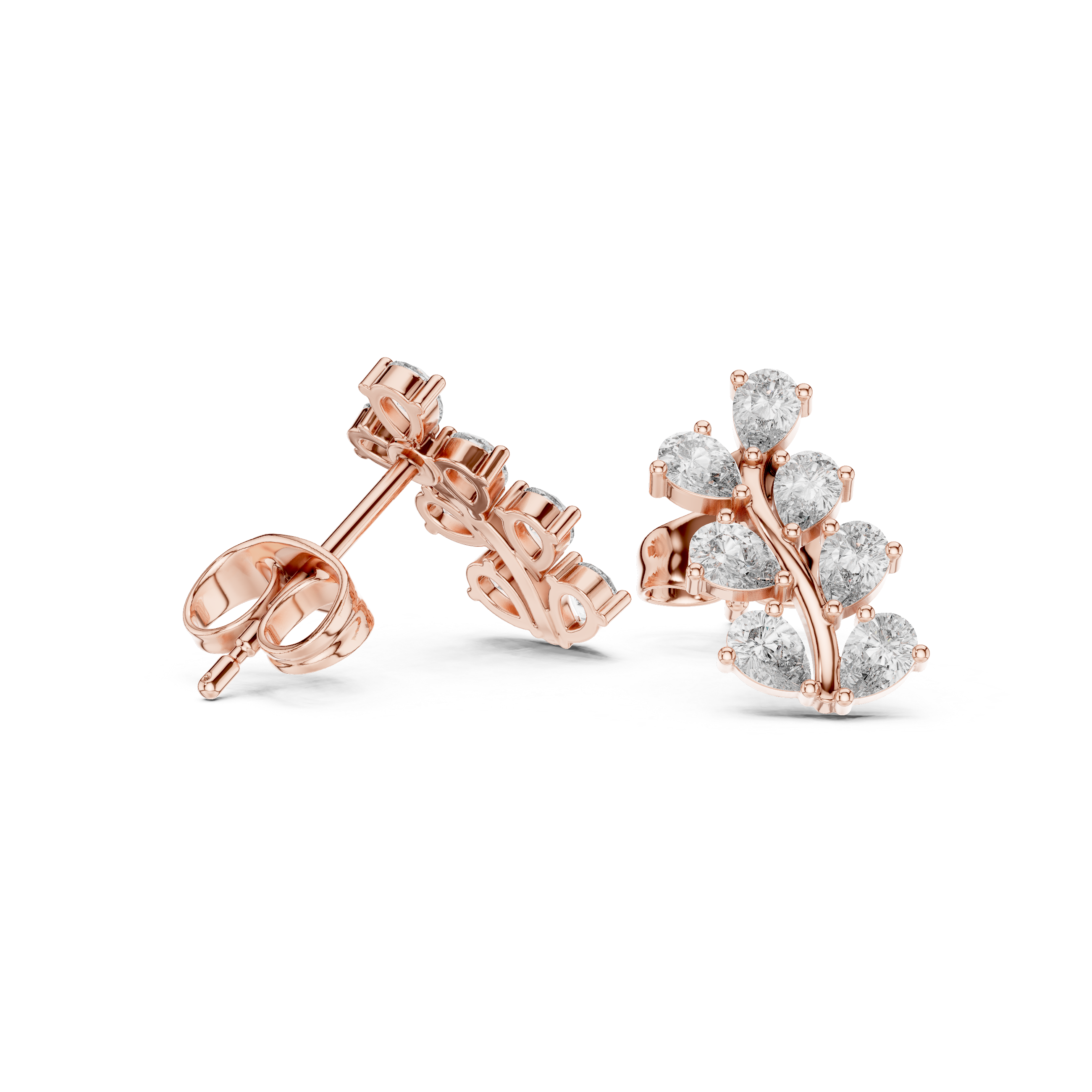 Pear Diamond Leaf Branch Stud Earrings in Gold