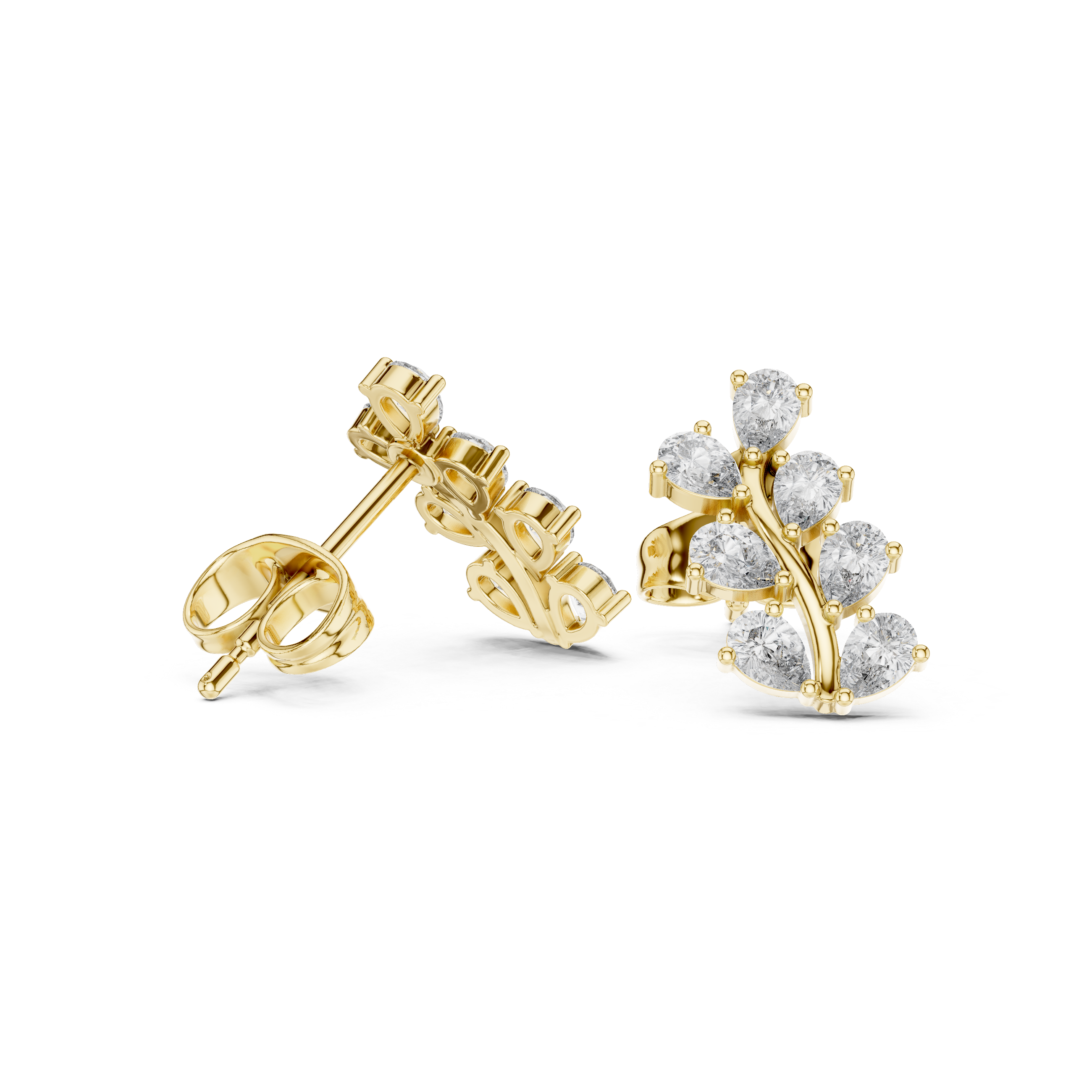 Pear Diamond Leaf Branch Stud Earrings in Gold