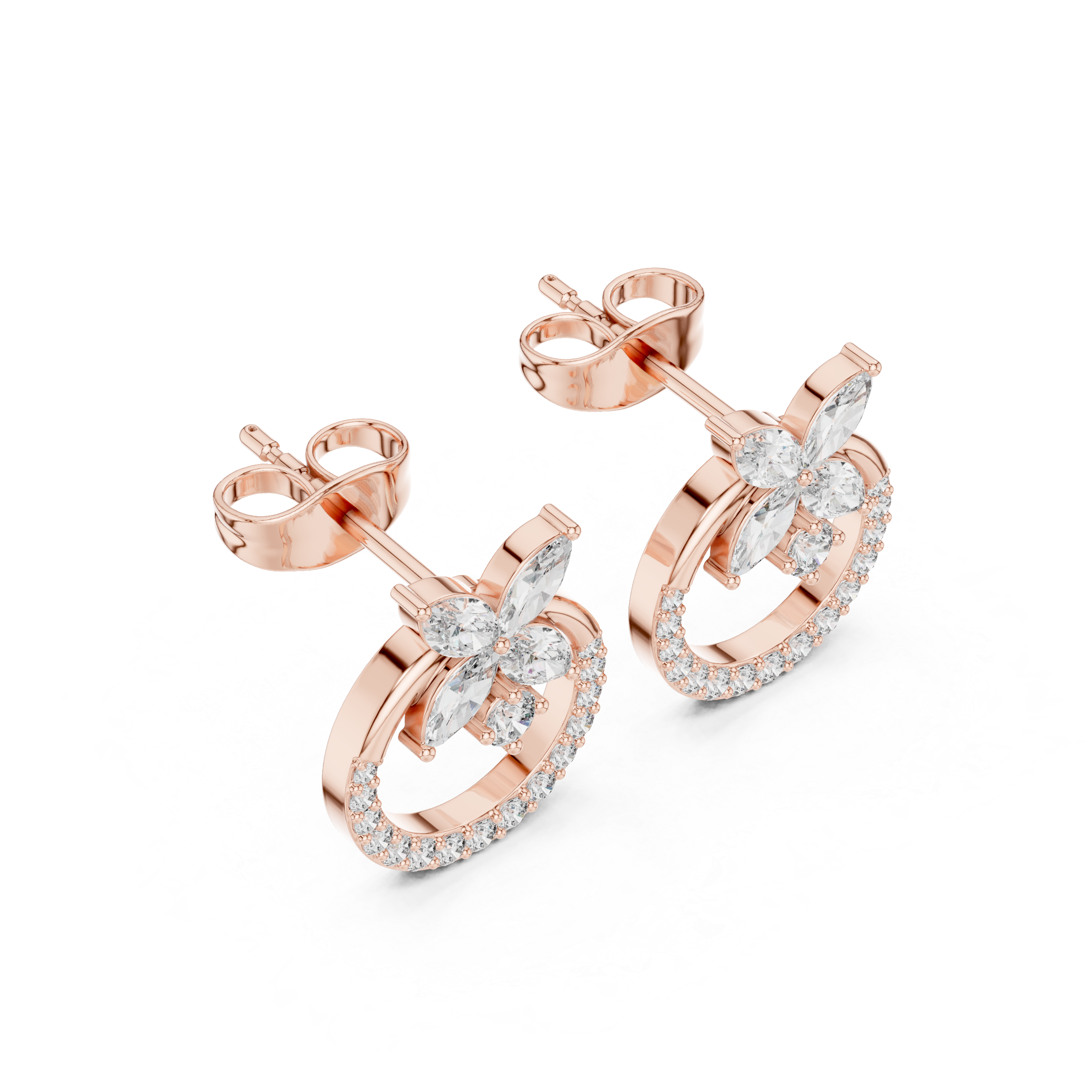Floral Halo Diamond Circle Stud Earrings in Gold