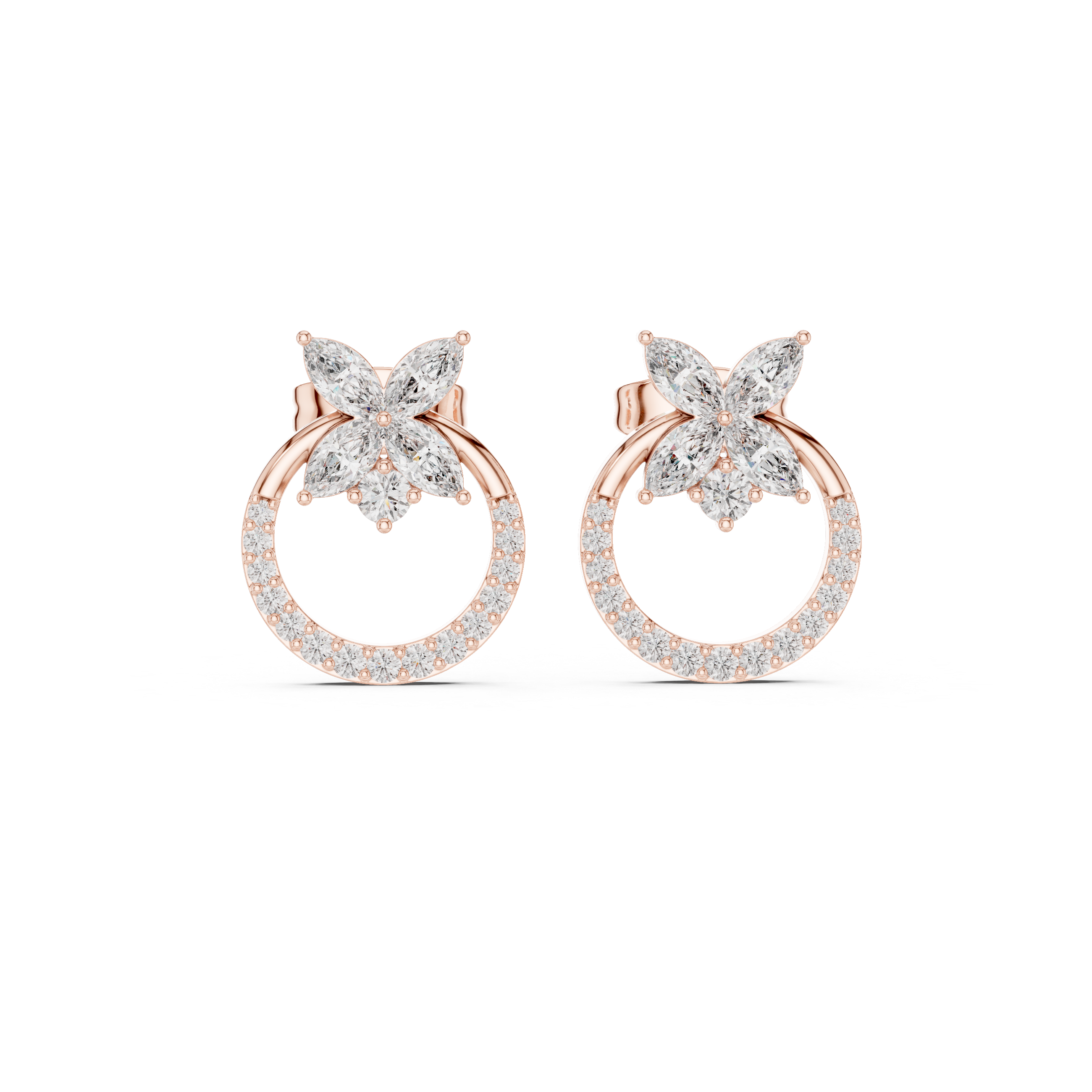 Floral Halo Diamond Circle Stud Earrings in Gold