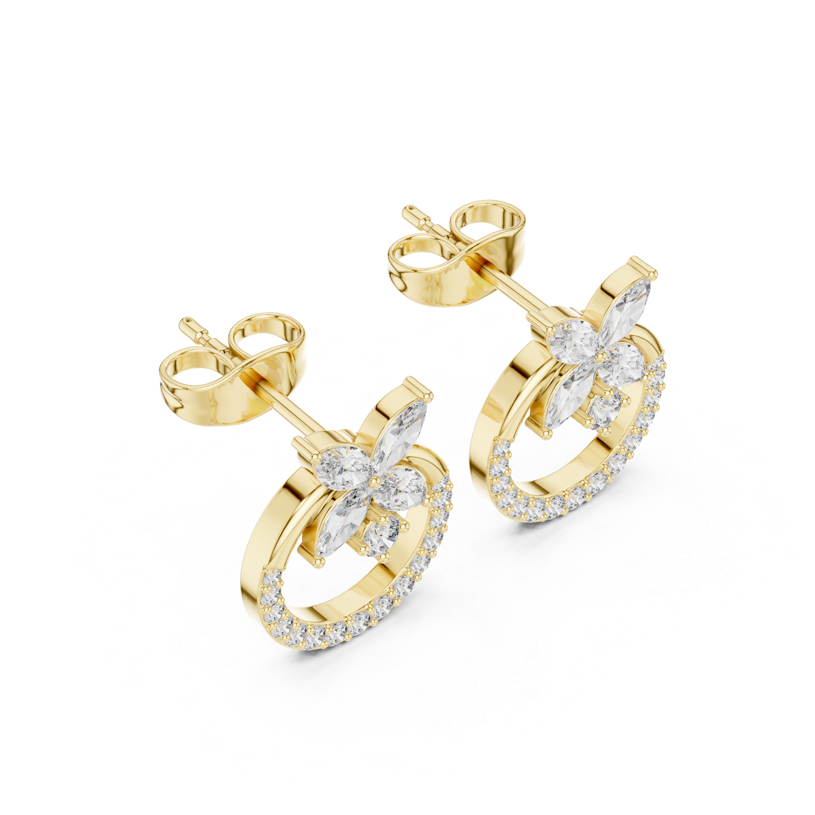 Floral Halo Diamond Circle Stud Earrings in Gold