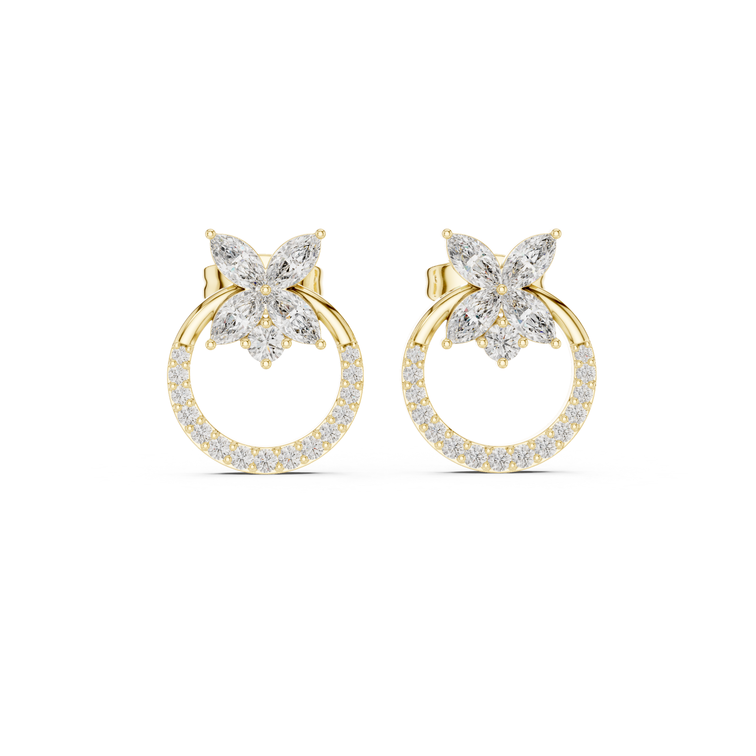 Floral Halo Diamond Circle Stud Earrings in Gold