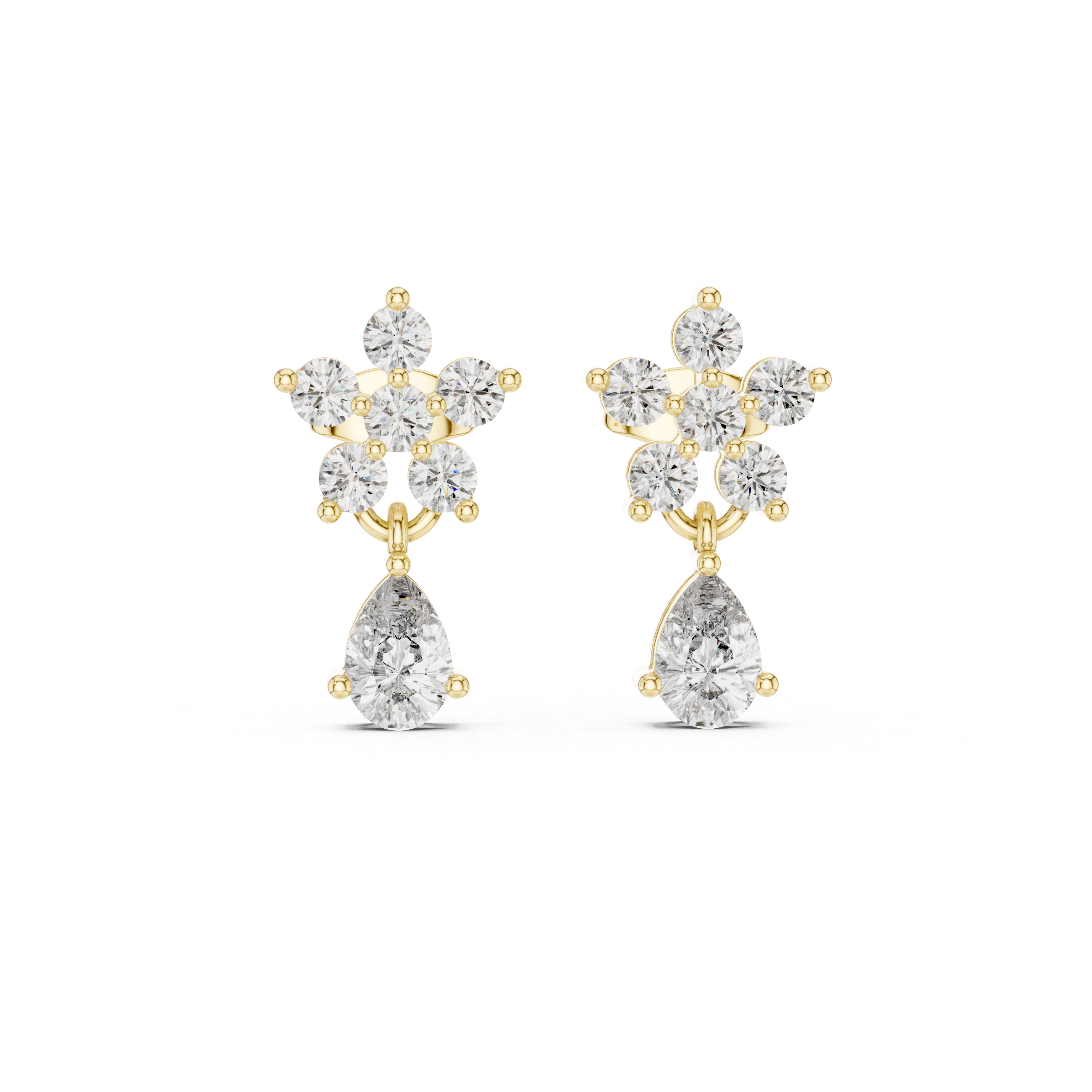 Floral Diamond Drop Earrings – Round Cluster with Pear Drop