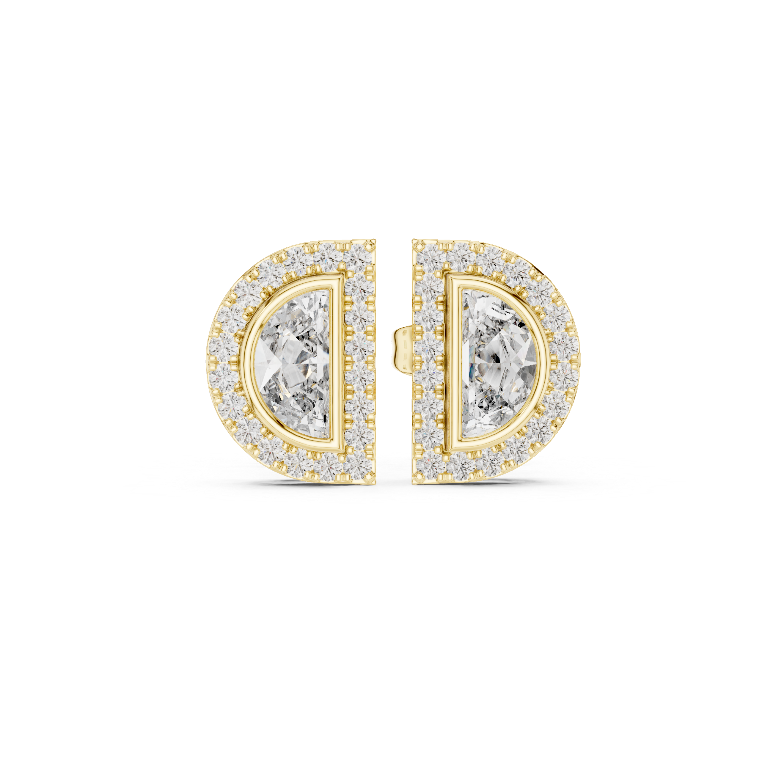 Half Moon Diamond Stud Earrings – Double Halo Geometric Design