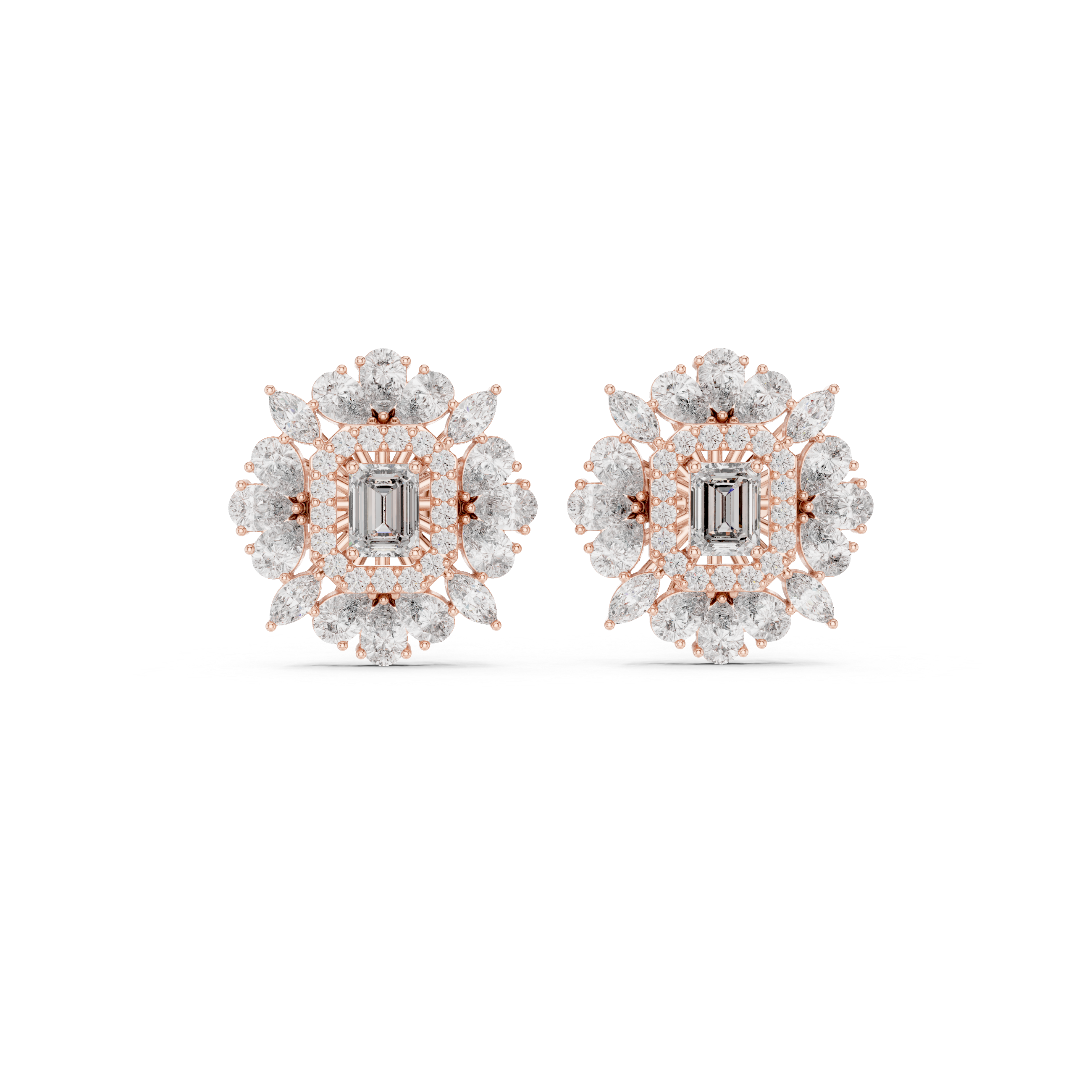 Emerald-Cut Halo Floral Diamond Stud Earrings – Vintage Bloom Design