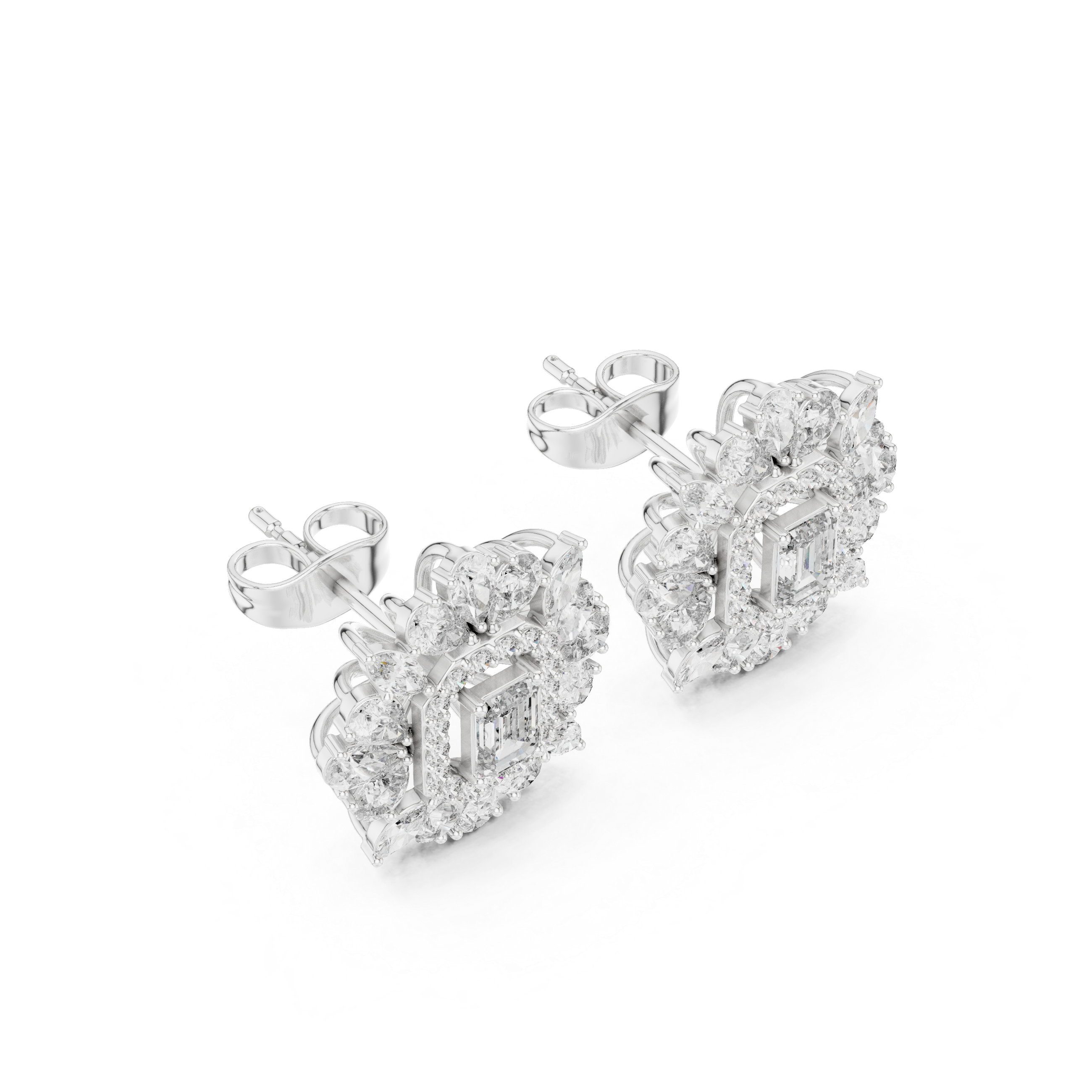 Emerald-Cut Halo Floral Diamond Stud Earrings – Vintage Bloom Design