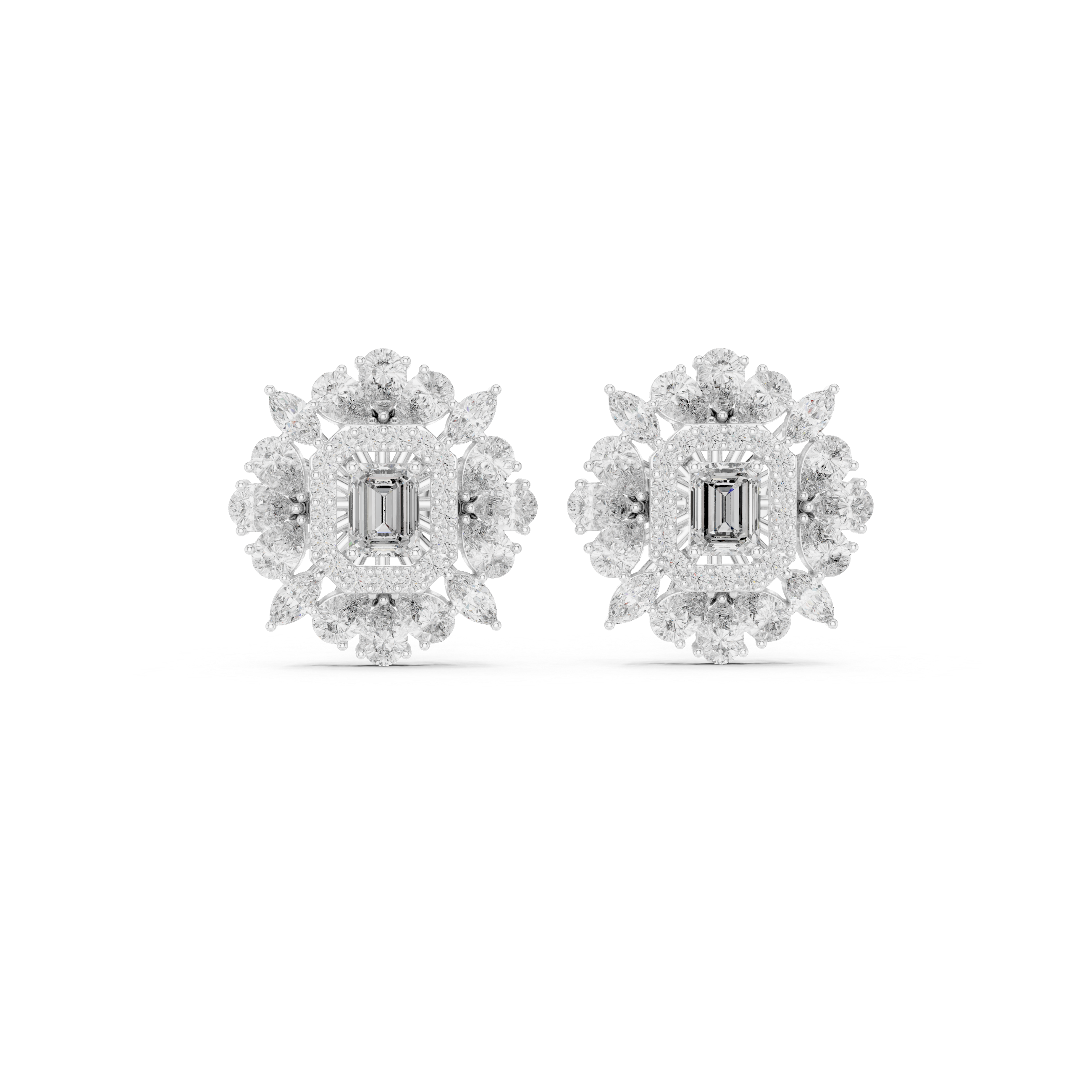 Emerald-Cut Halo Floral Diamond Stud Earrings – Vintage Bloom Design