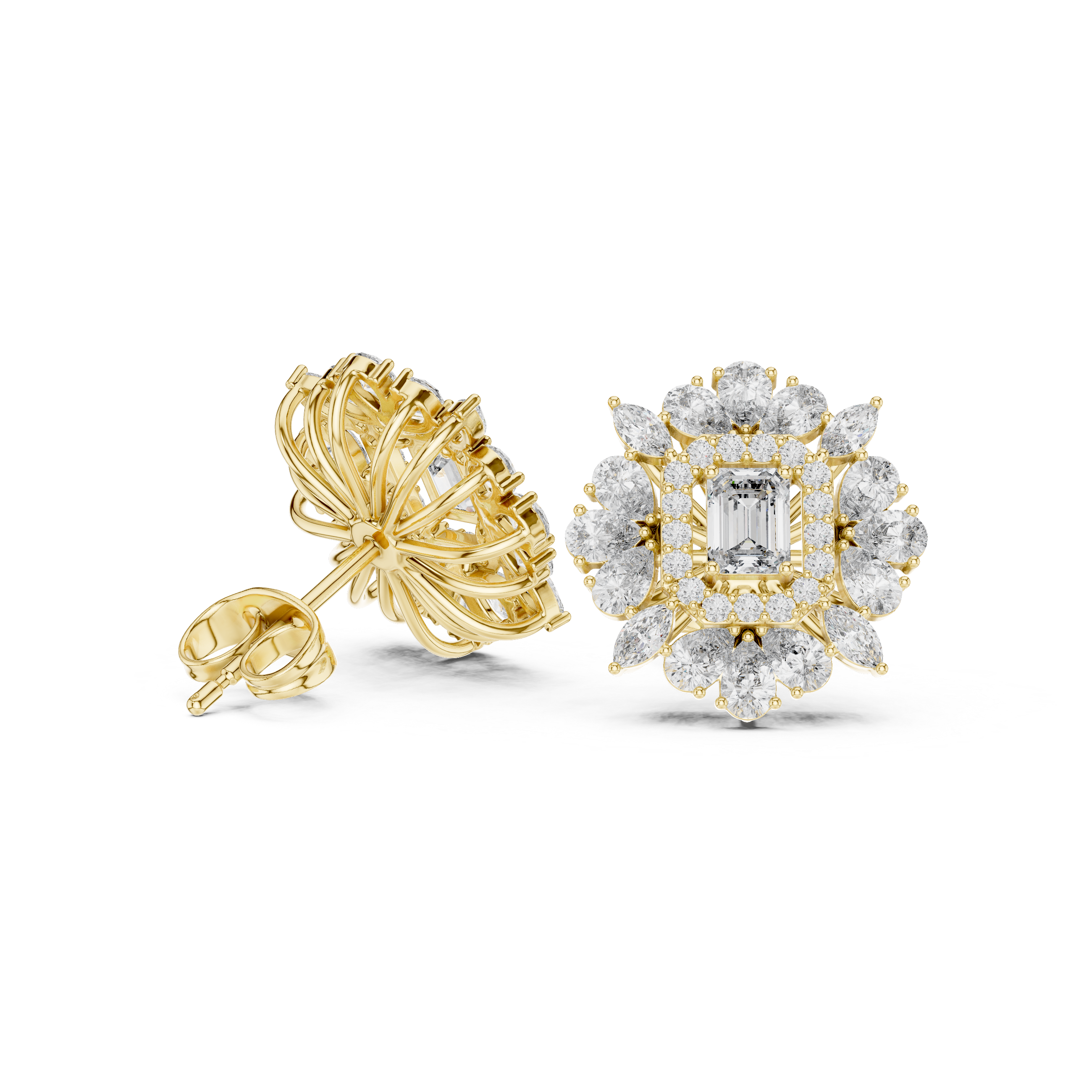 Emerald-Cut Halo Floral Diamond Stud Earrings – Vintage Bloom Design