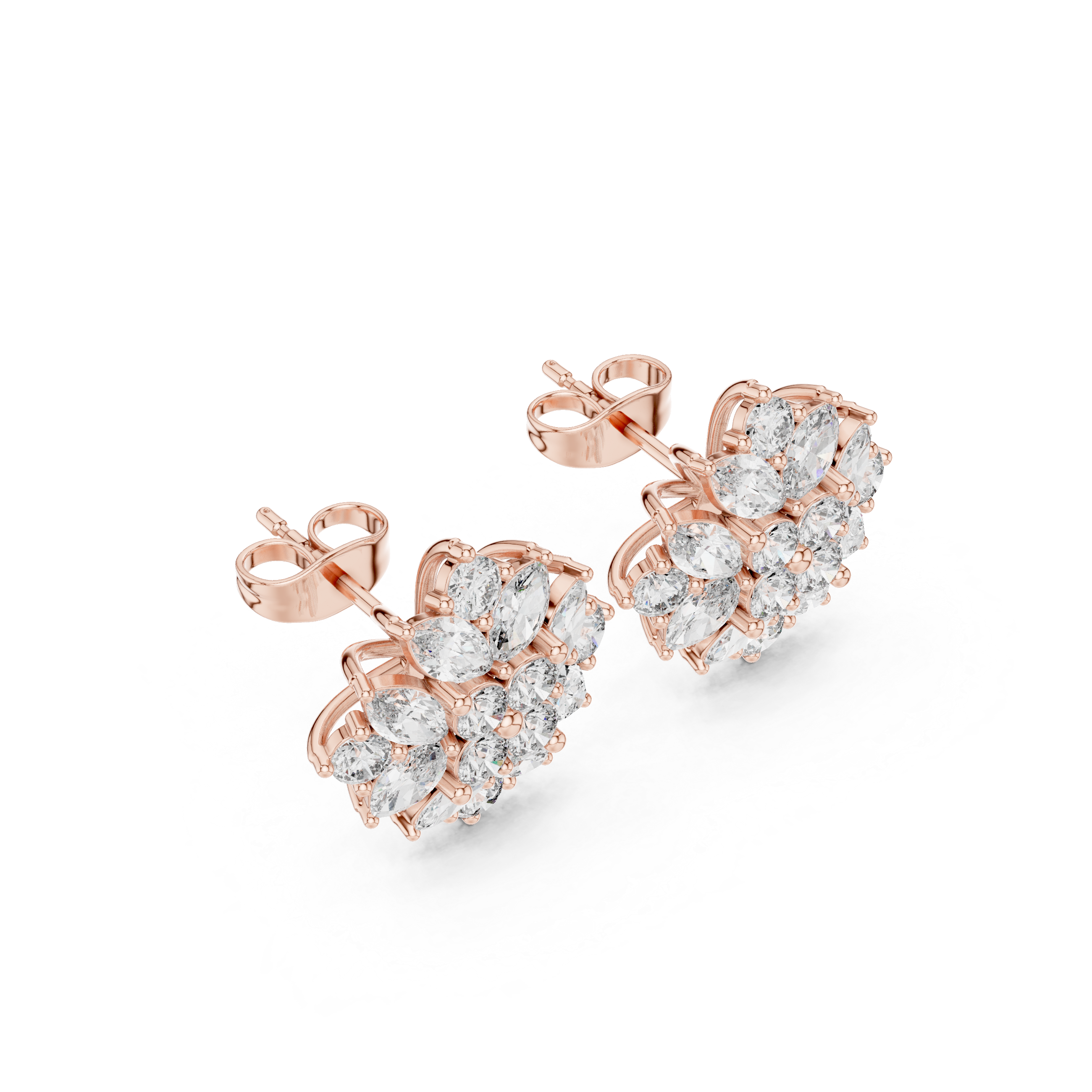 Floral Cluster Diamond Stud Earrings – Marquise & Round Bloom Design