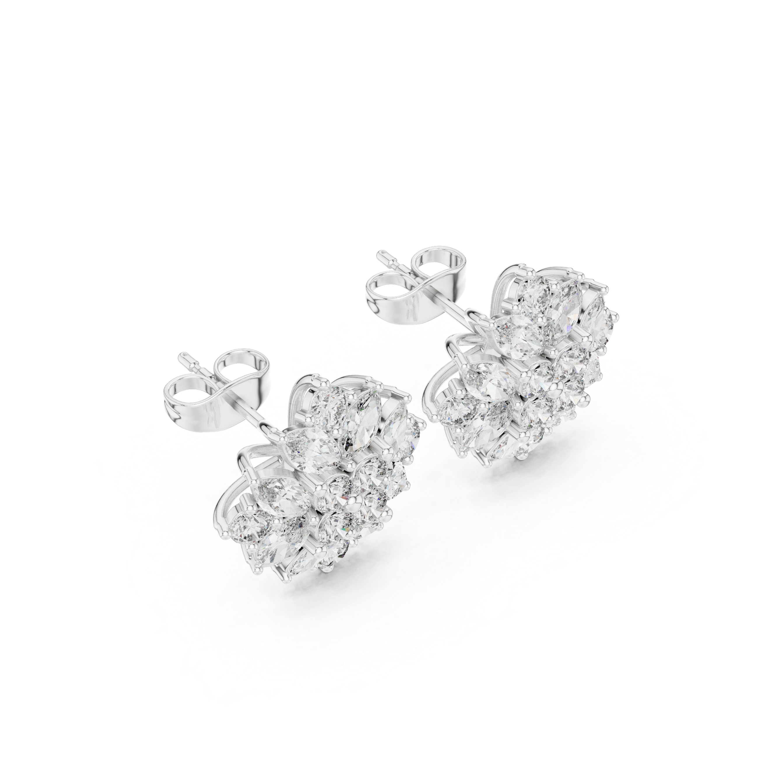 Floral Cluster Diamond Stud Earrings – Marquise & Round Bloom Design