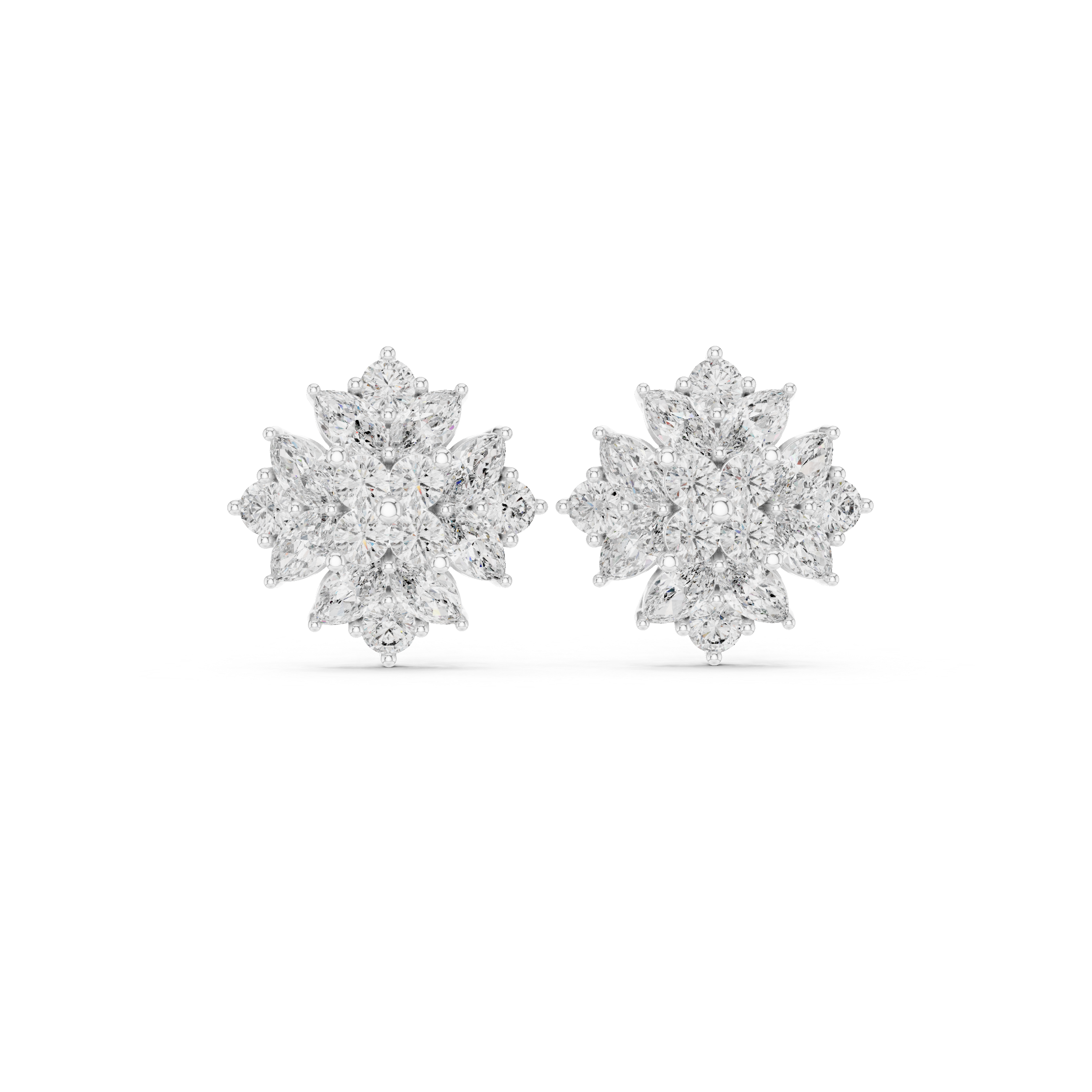 Floral Cluster Diamond Stud Earrings – Marquise & Round Bloom Design