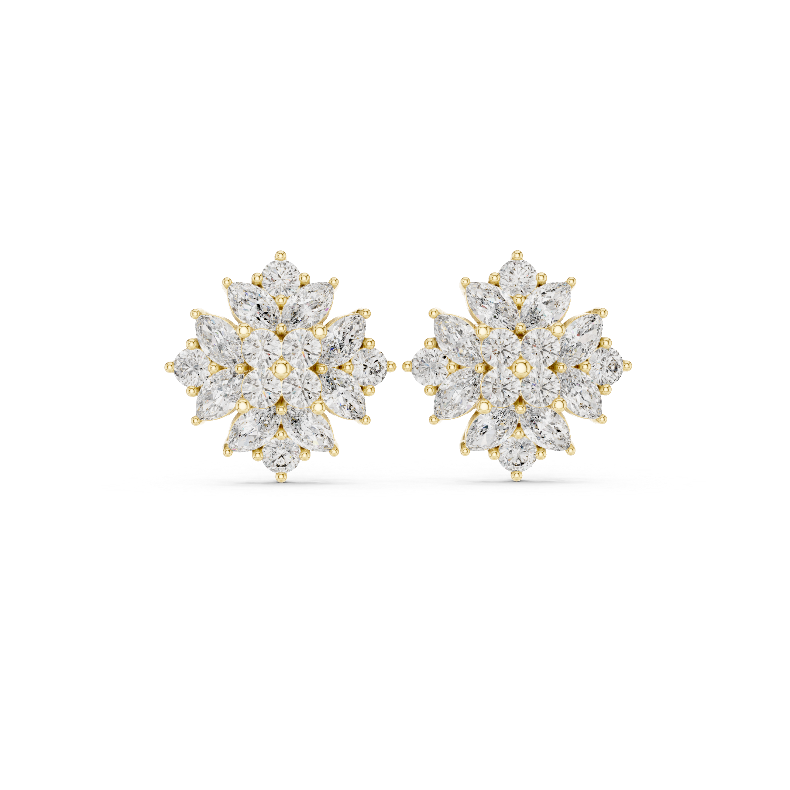 Floral Cluster Diamond Stud Earrings – Marquise & Round Bloom Design