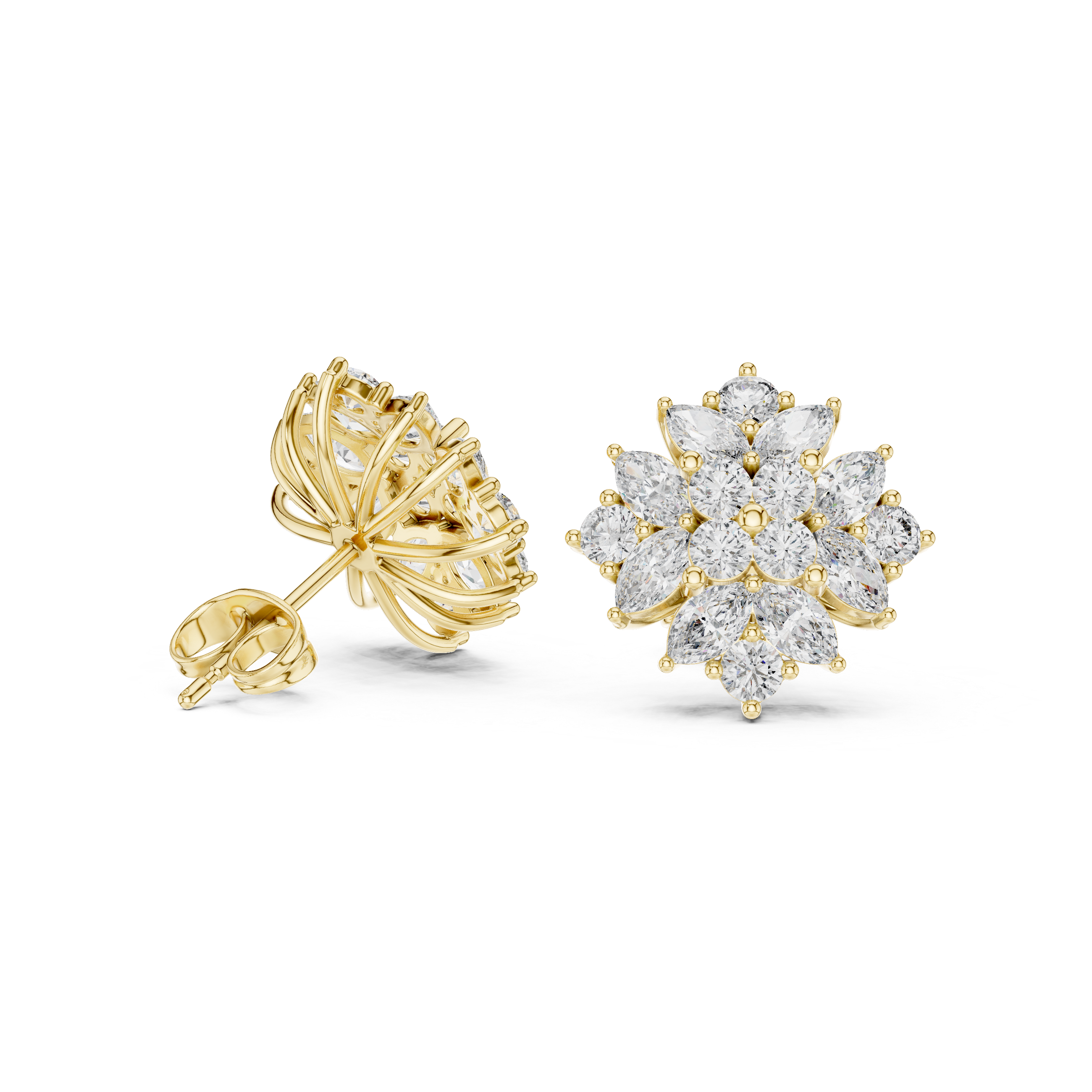 Floral Cluster Diamond Stud Earrings – Marquise & Round Bloom Design