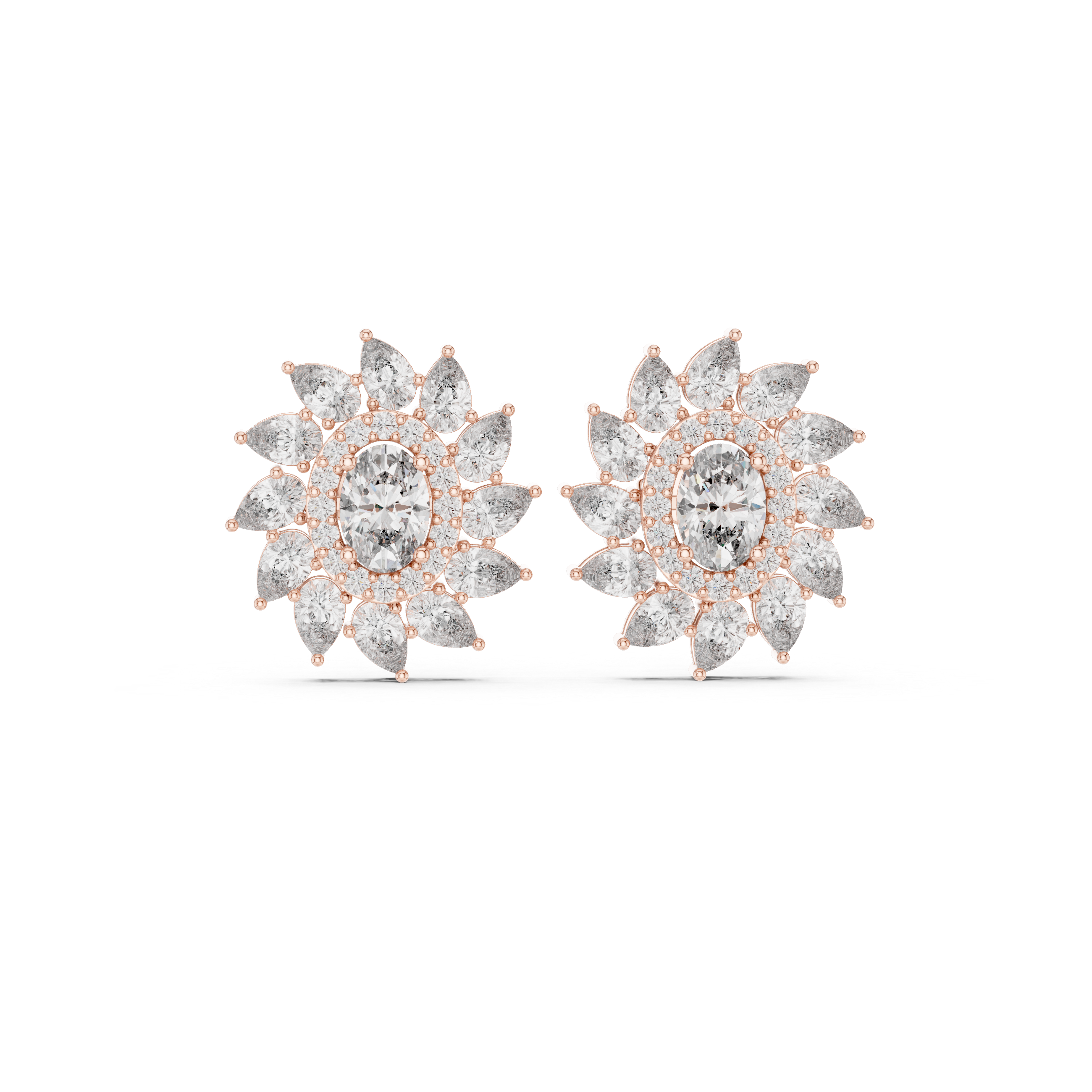 Sunburst Halo Diamond Stud Earrings – Oval Center with Pear Petal Frame