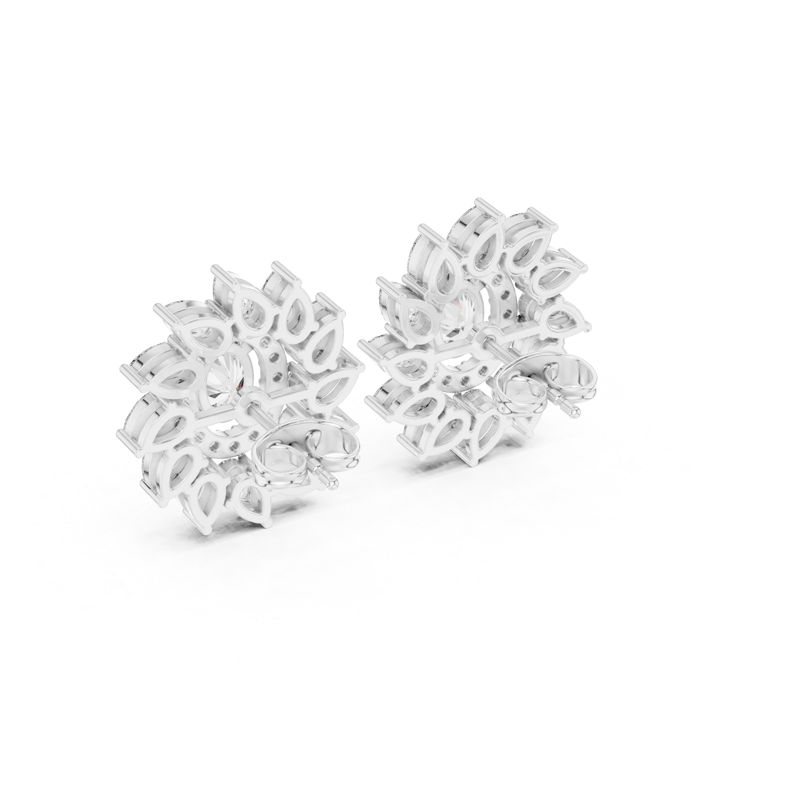 Sunburst Halo Diamond Stud Earrings – Oval Center with Pear Petal Frame