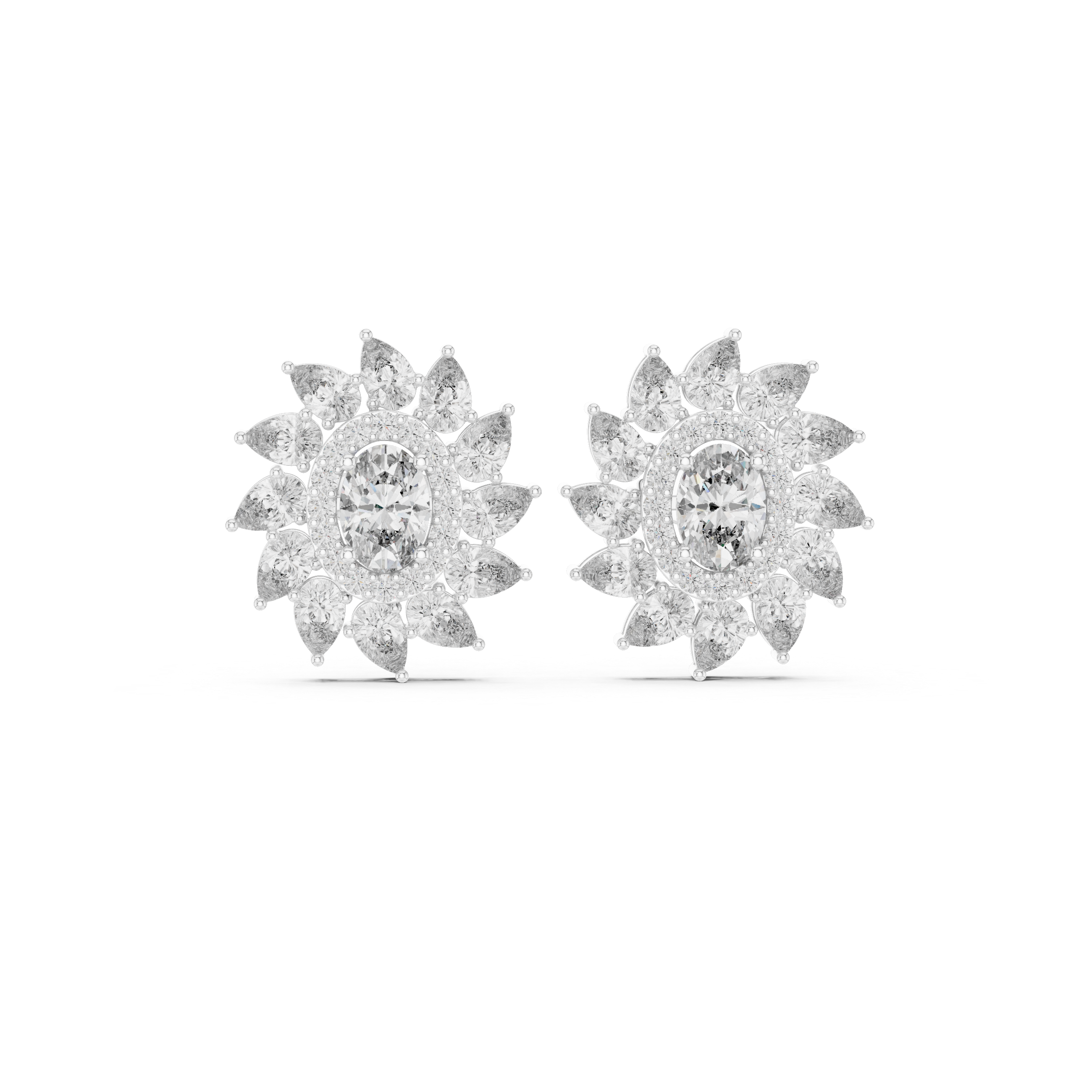 Sunburst Halo Diamond Stud Earrings – Oval Center with Pear Petal Frame