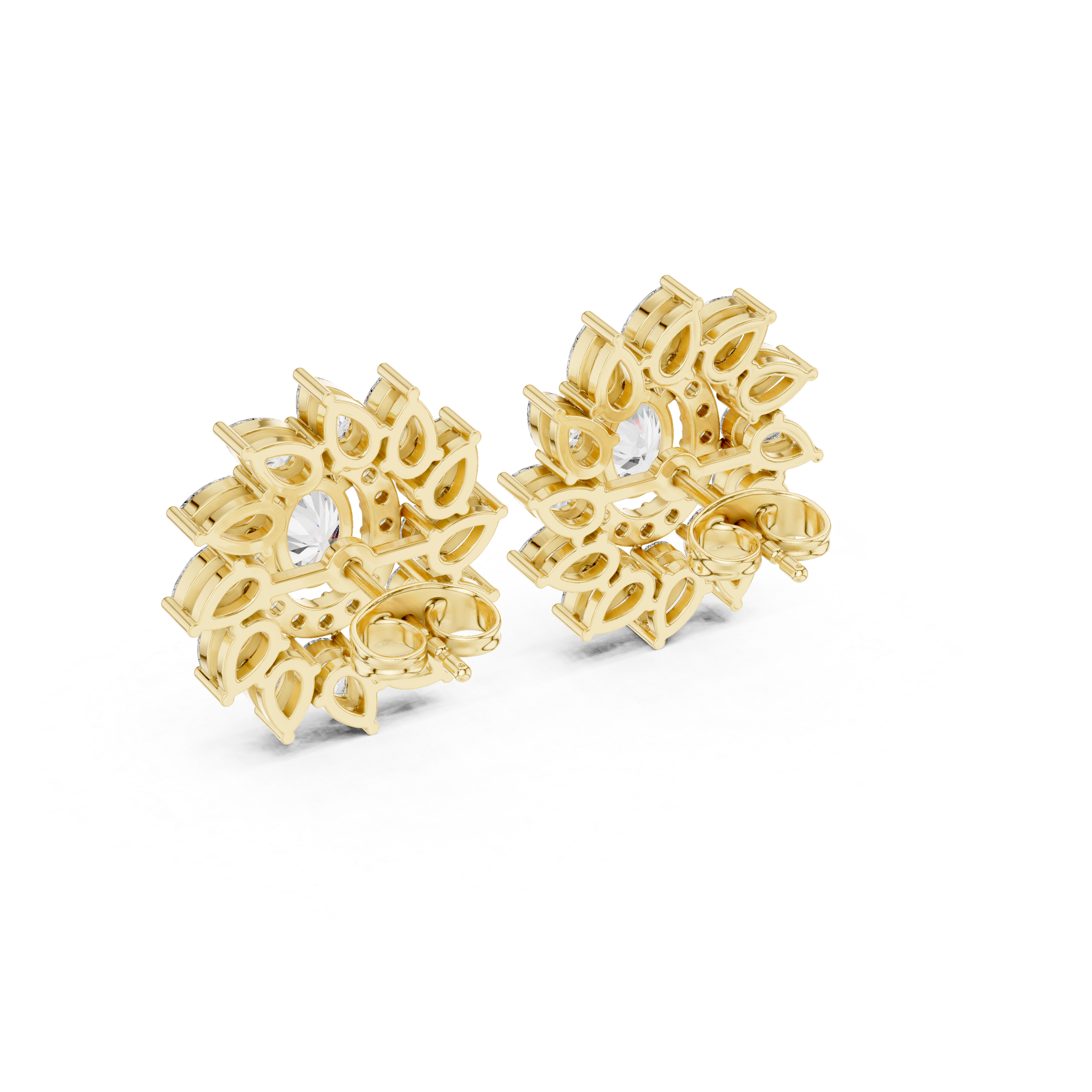 Sunburst Halo Diamond Stud Earrings – Oval Center with Pear Petal Frame