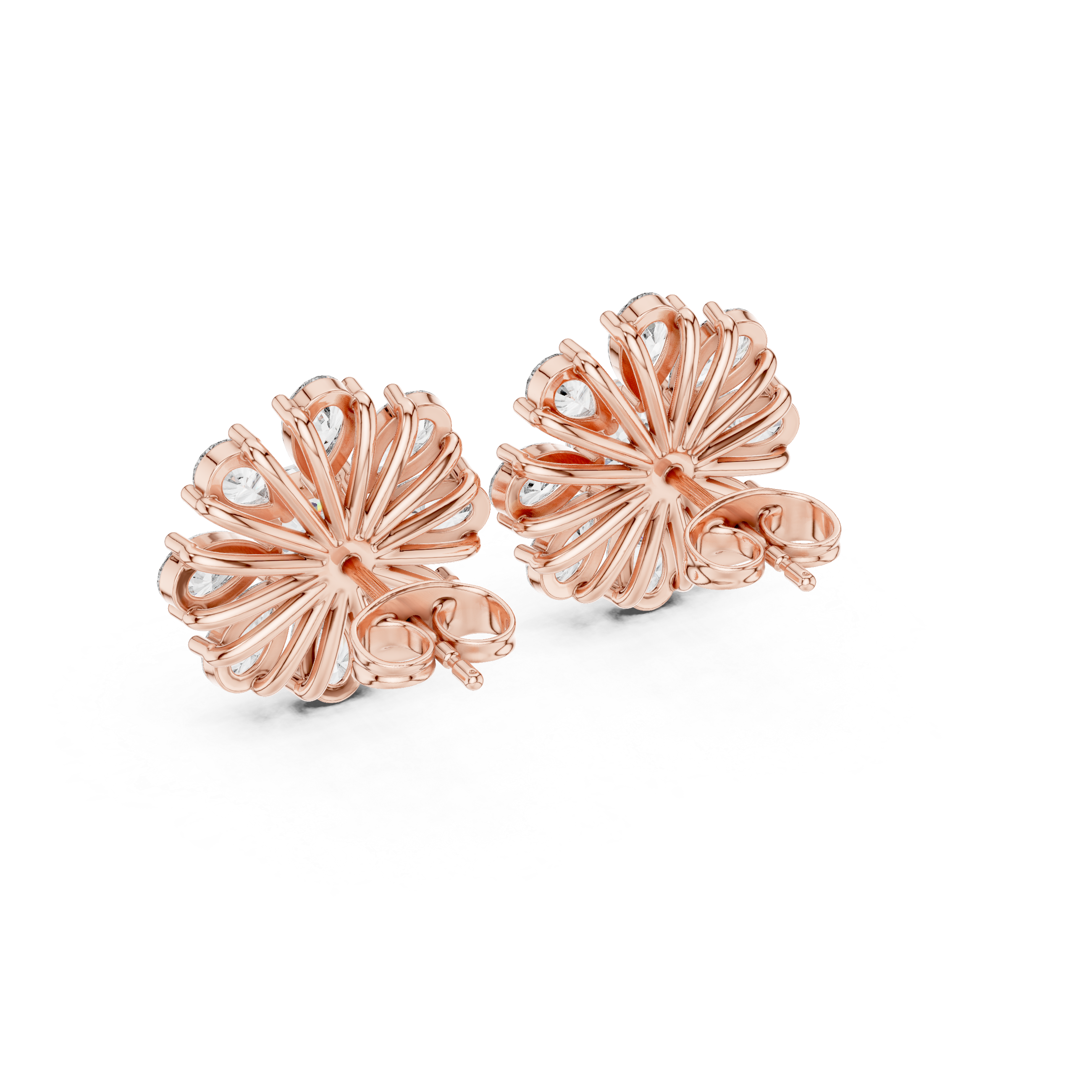 Floral Diamond Stud Earrings – Pear Petal Cluster with Cushion Center