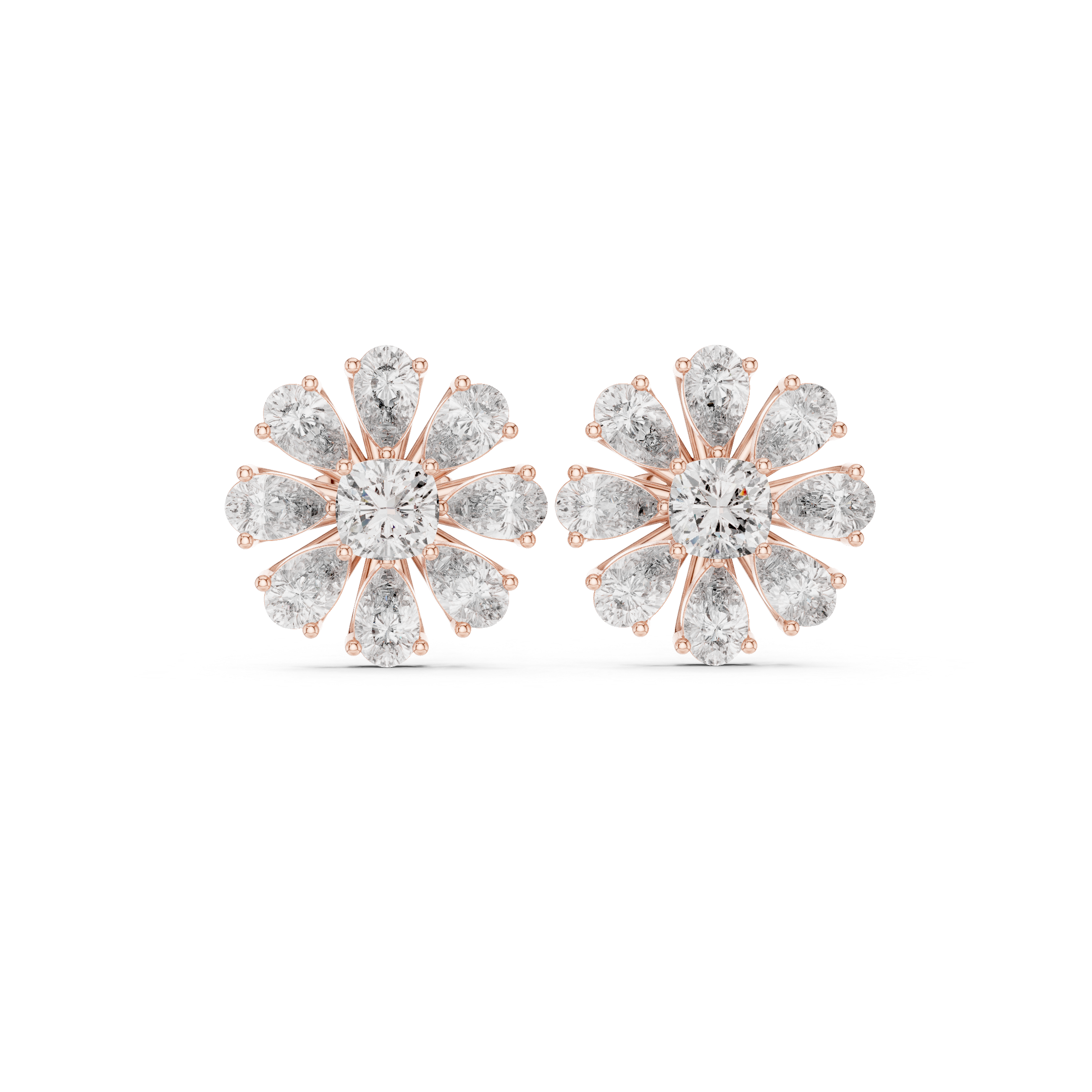 Floral Diamond Stud Earrings – Pear Petal Cluster with Cushion Center