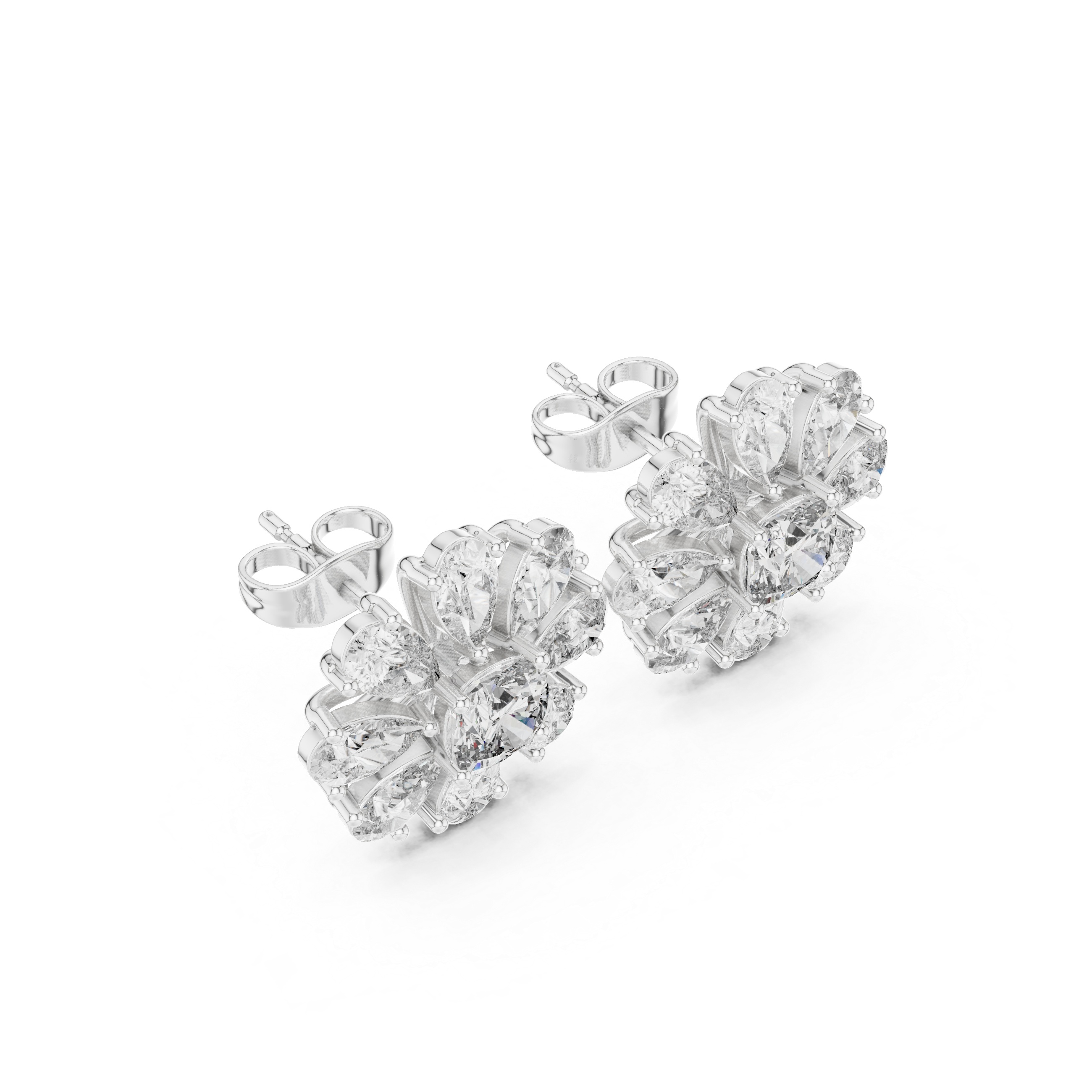 Floral Diamond Stud Earrings – Pear Petal Cluster with Cushion Center