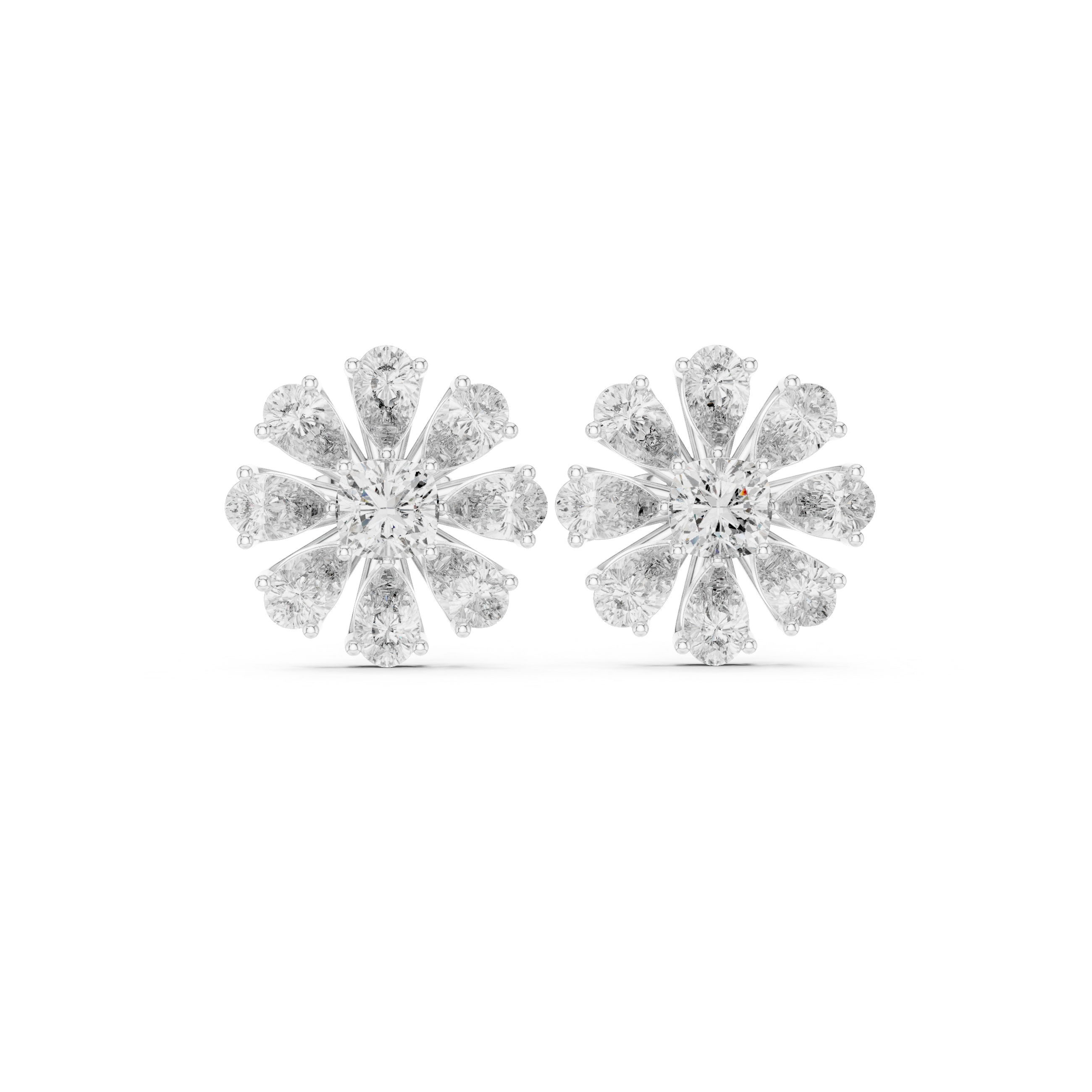 Floral Diamond Stud Earrings – Pear Petal Cluster with Cushion Center