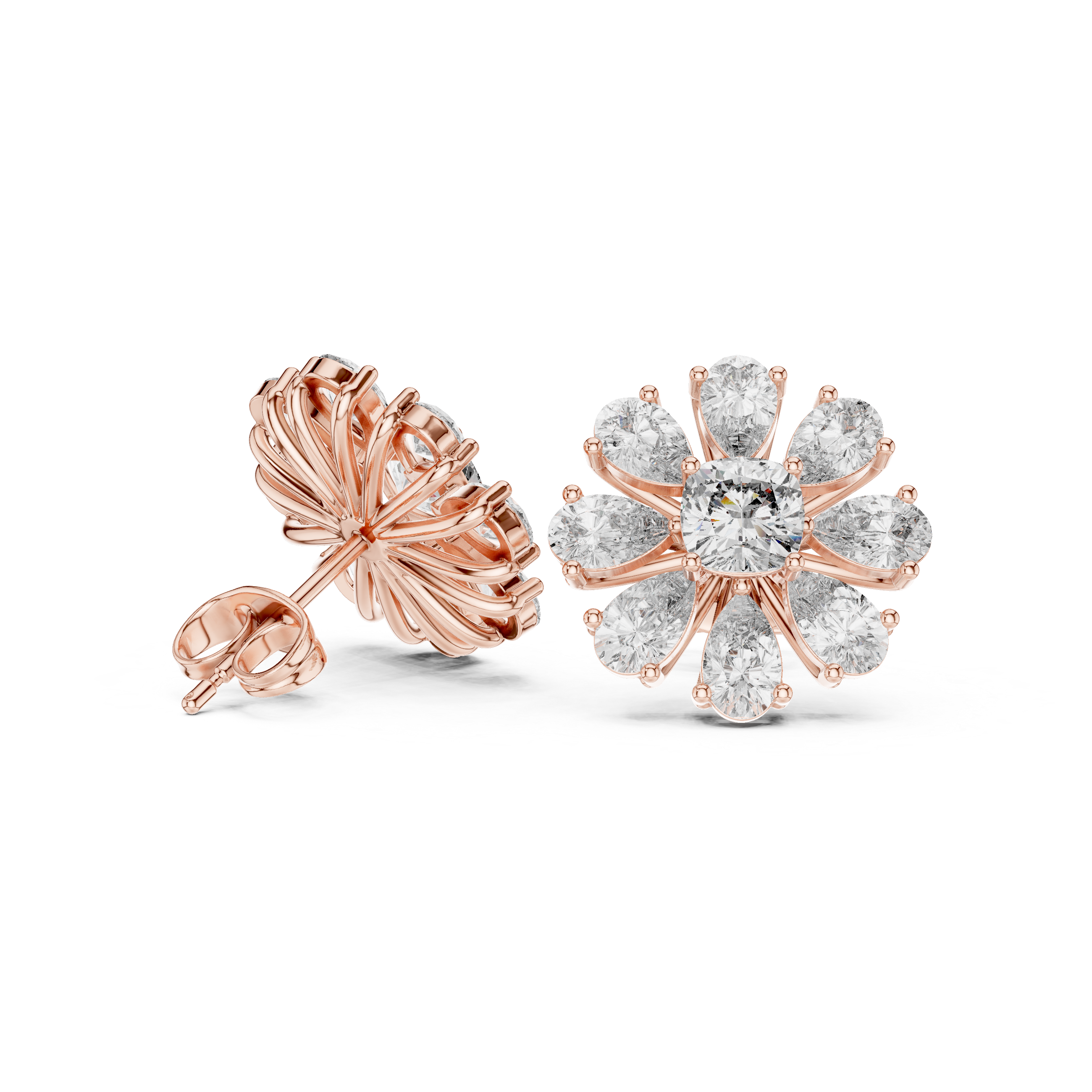 Floral Diamond Stud Earrings – Pear Petal Cluster with Cushion Center