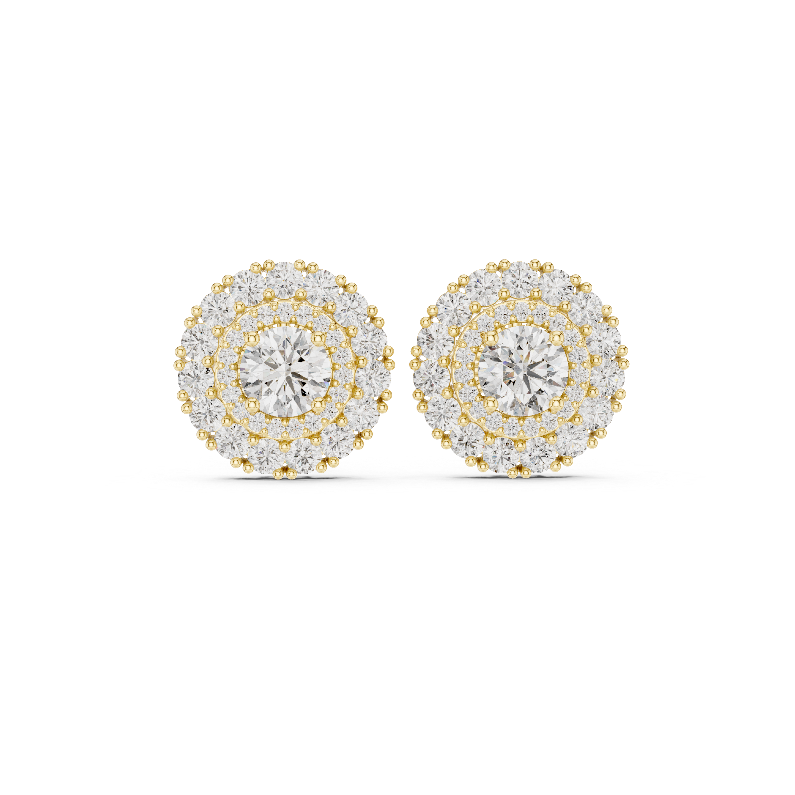 Double Halo Diamond Stud Earrings – Round Brilliant Cluster Design