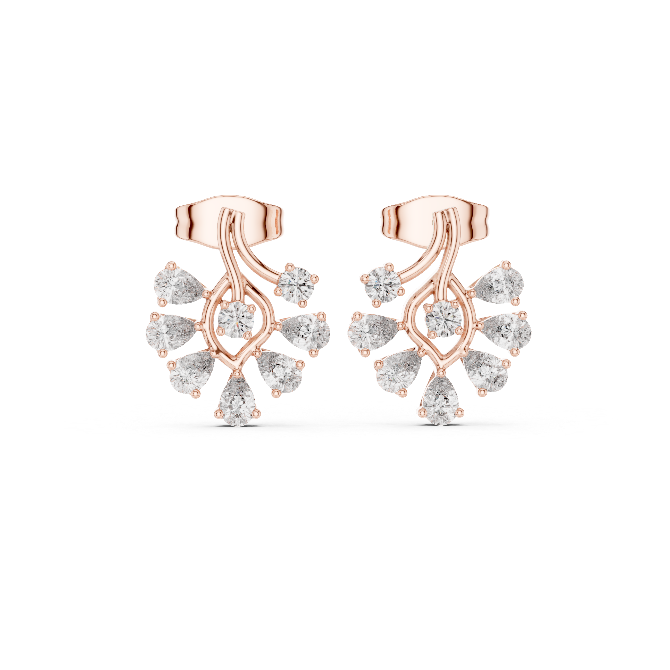 Floral Drop Diamond Stud Earrings – Pear Cut Cluster with Elegant Gold Flow