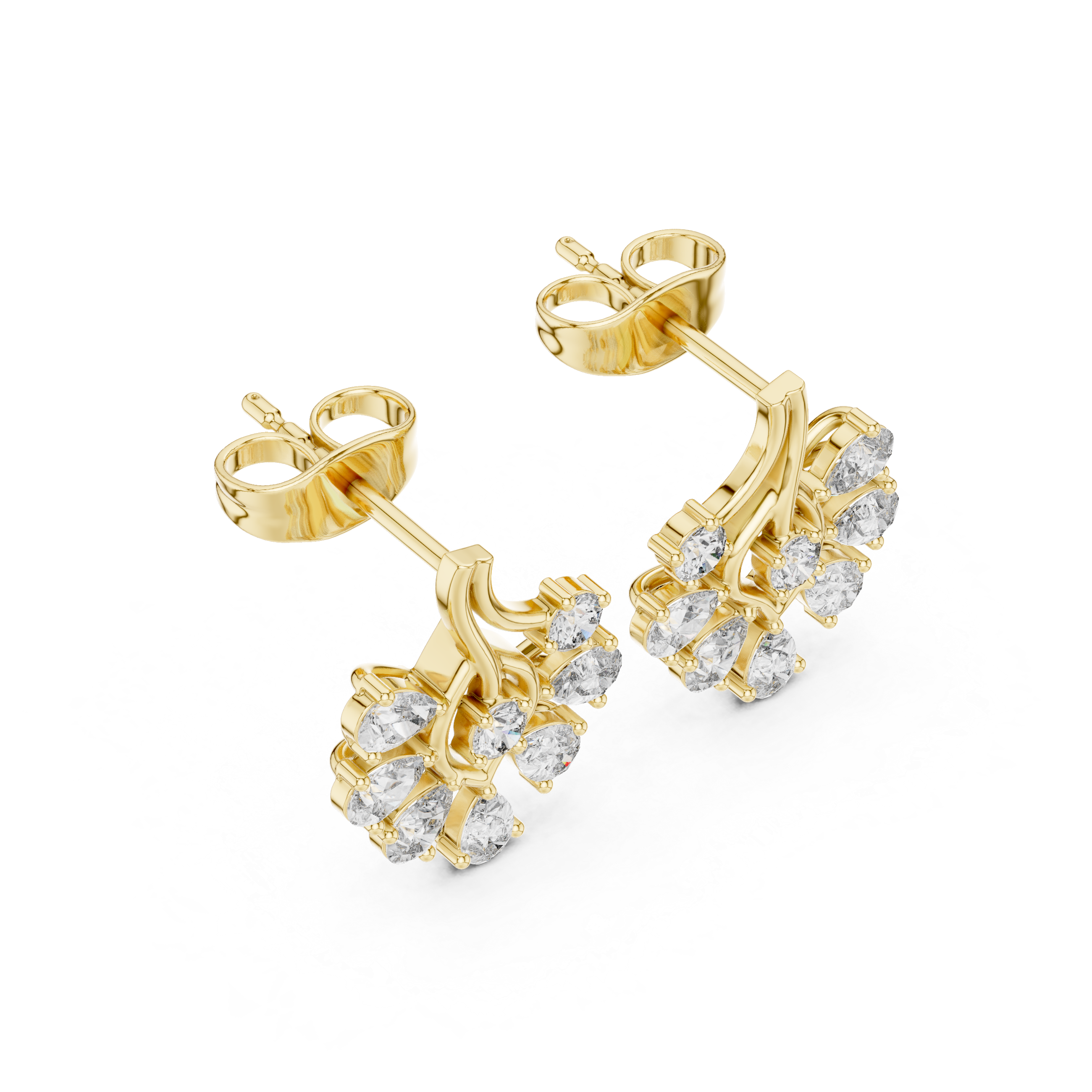 Floral Drop Diamond Stud Earrings – Pear Cut Cluster with Elegant Gold Flow
